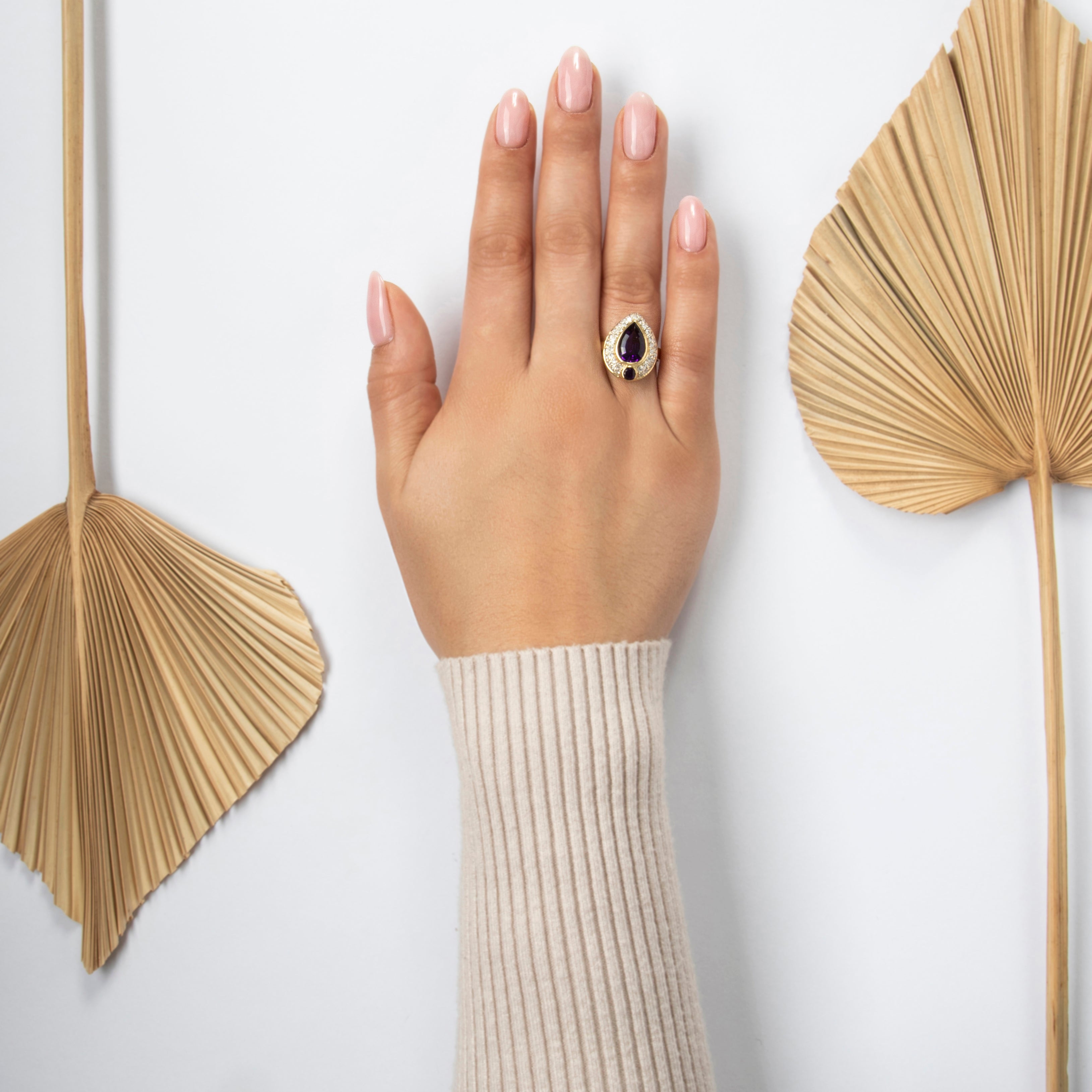 Vintage 18k Yellow Gold 2.9cttw Amethyst Diamond Pear Halo Cocktail Ring - On model view