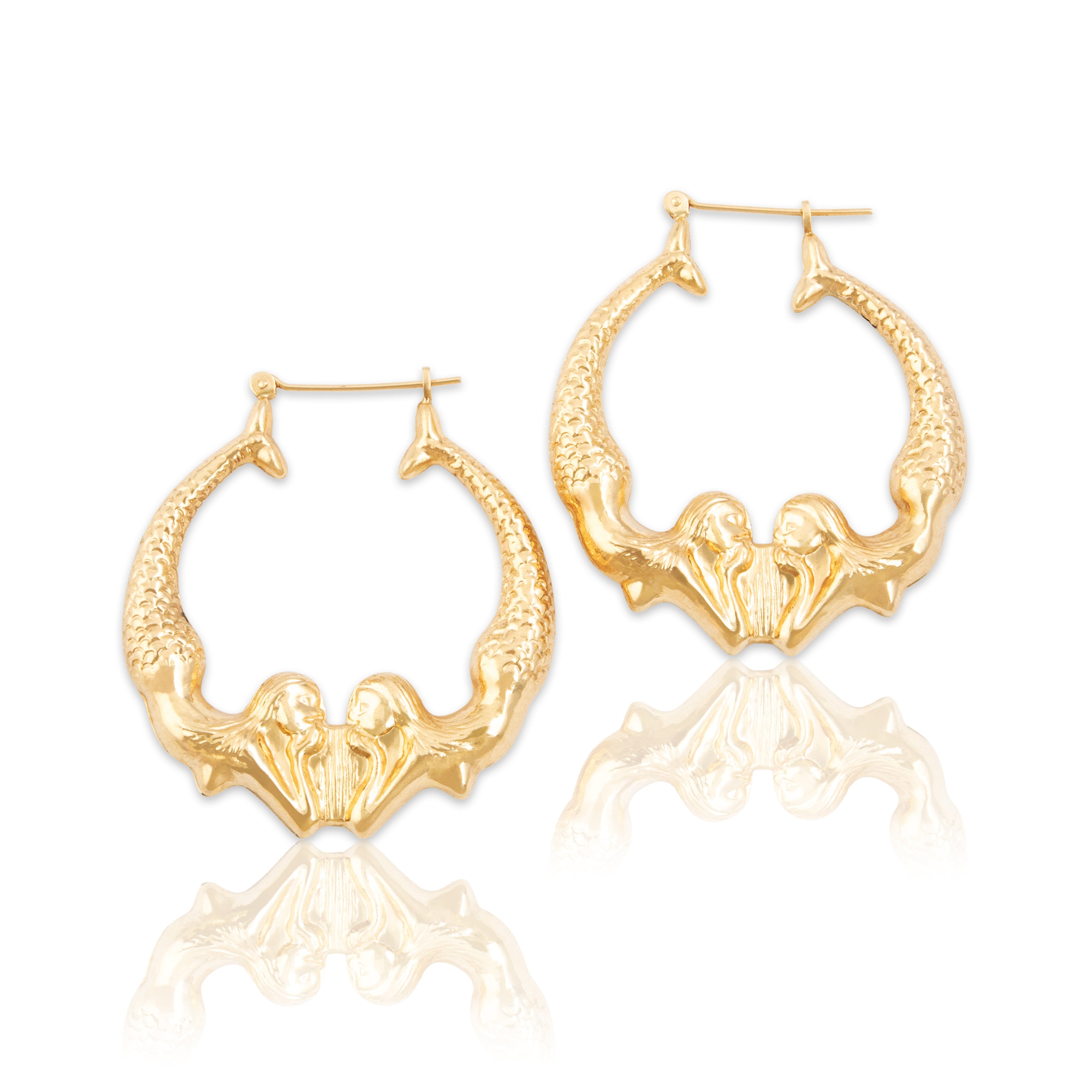 Vintage Large 14k Yellow Gold Whimsical Twin Mermaid Hoop Earrings - Close-up view