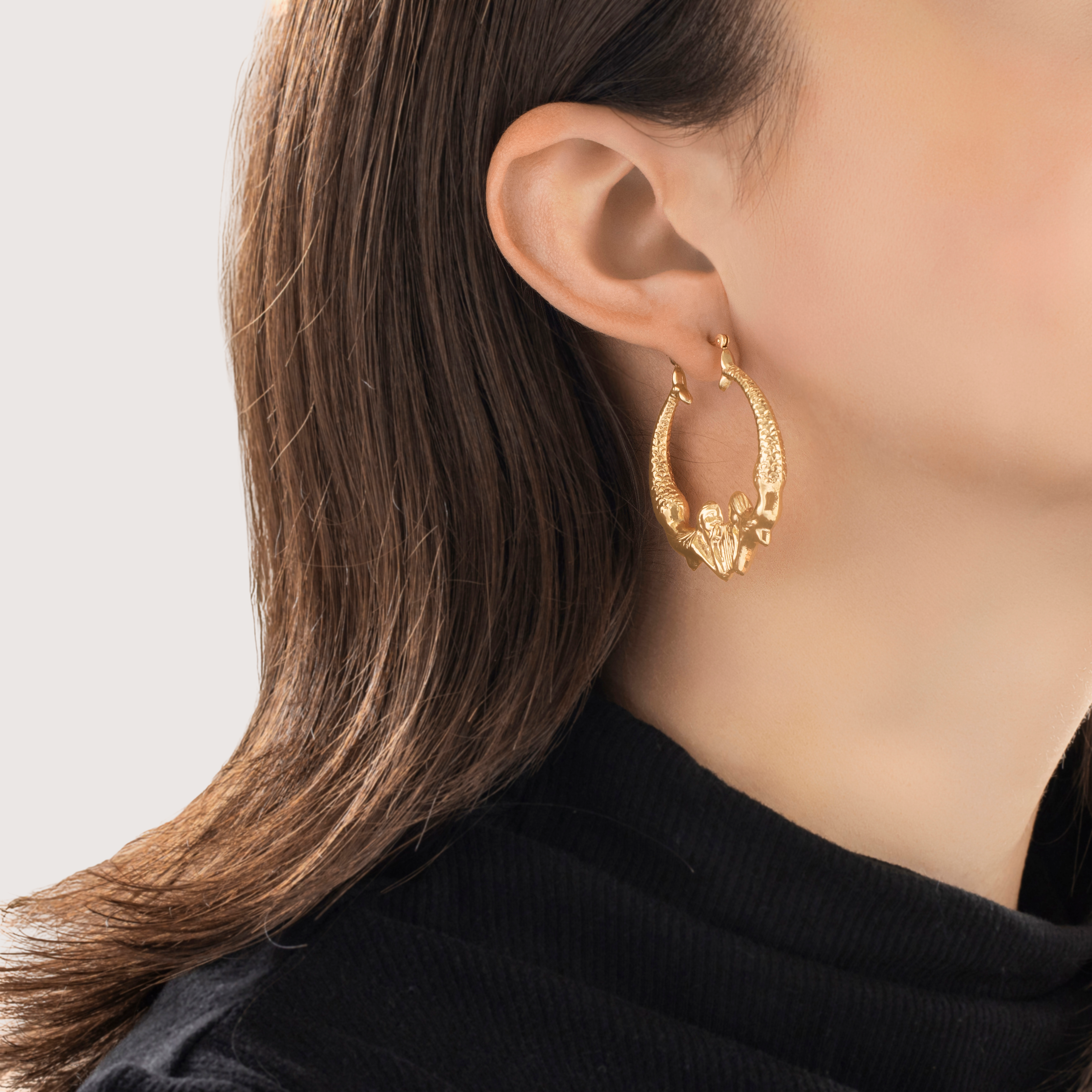 Vintage Large 14k Yellow Gold Whimsical Twin Mermaid Hoop Earrings -On model view