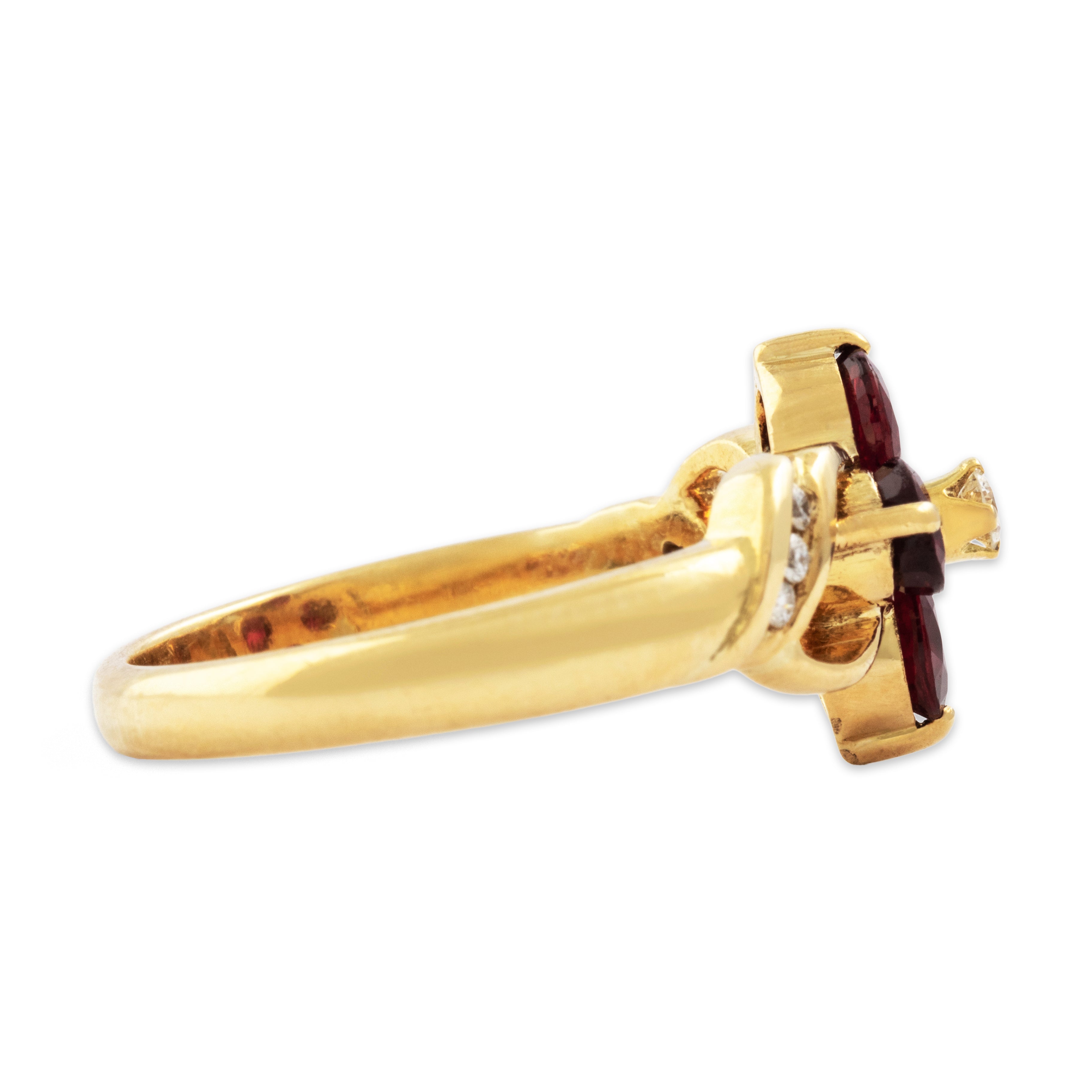 Vintage 18k Yellow Gold 1cttw Ruby Diamond Twisting Shoulder Flower Ring - Side view