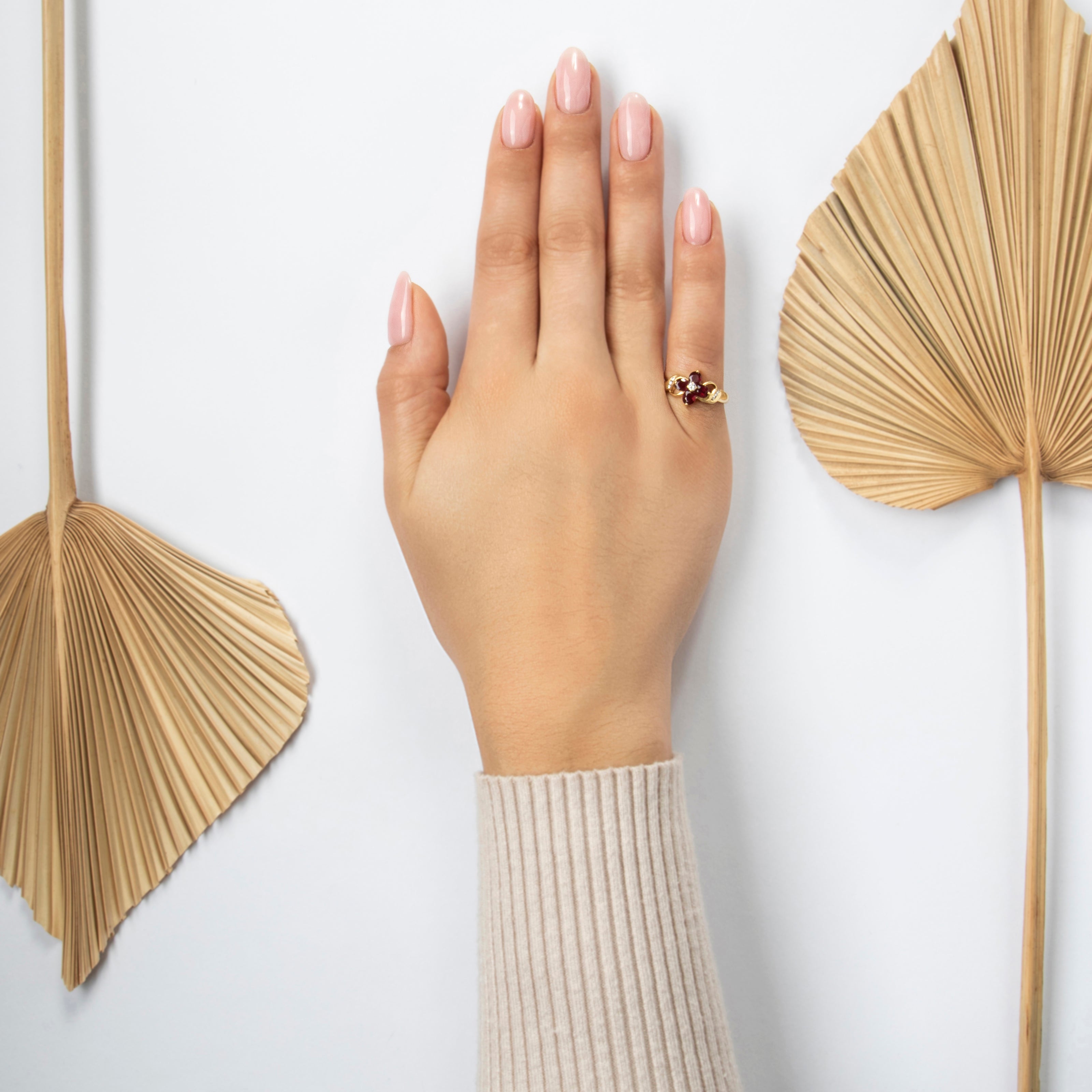 Vintage 18k Yellow Gold 1cttw Ruby Diamond Twisting Shoulder Flower Ring - On model view