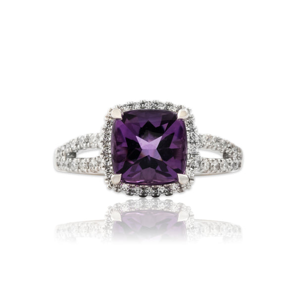 Vintage 14k White Gold 1.7ct Amethyst Diamond Butterfly Detail Halo Ring 7.00