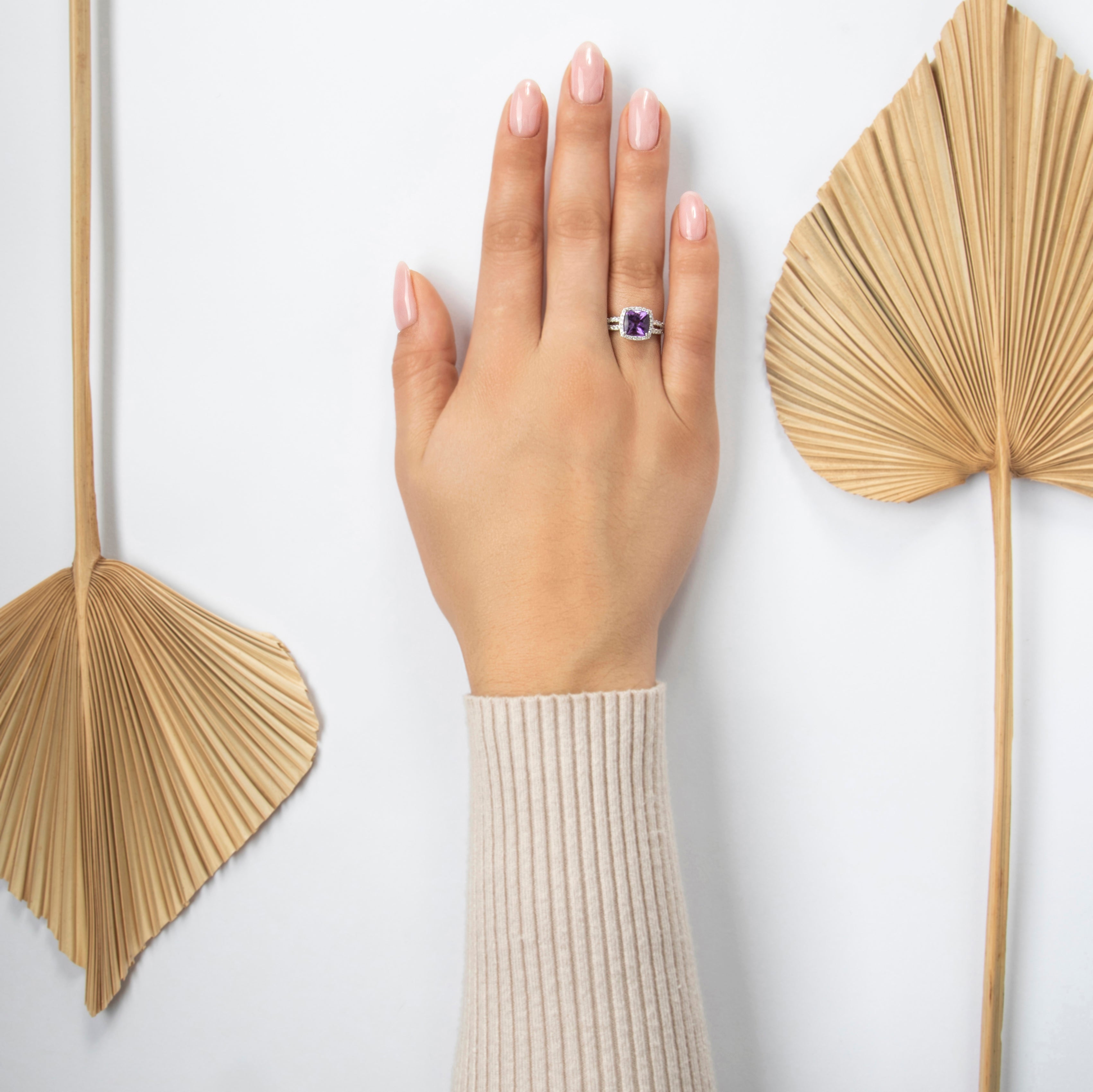 Vintage 14k White Gold 1.7ct Amethyst .365cttw Diamond Halo Ring - On model view