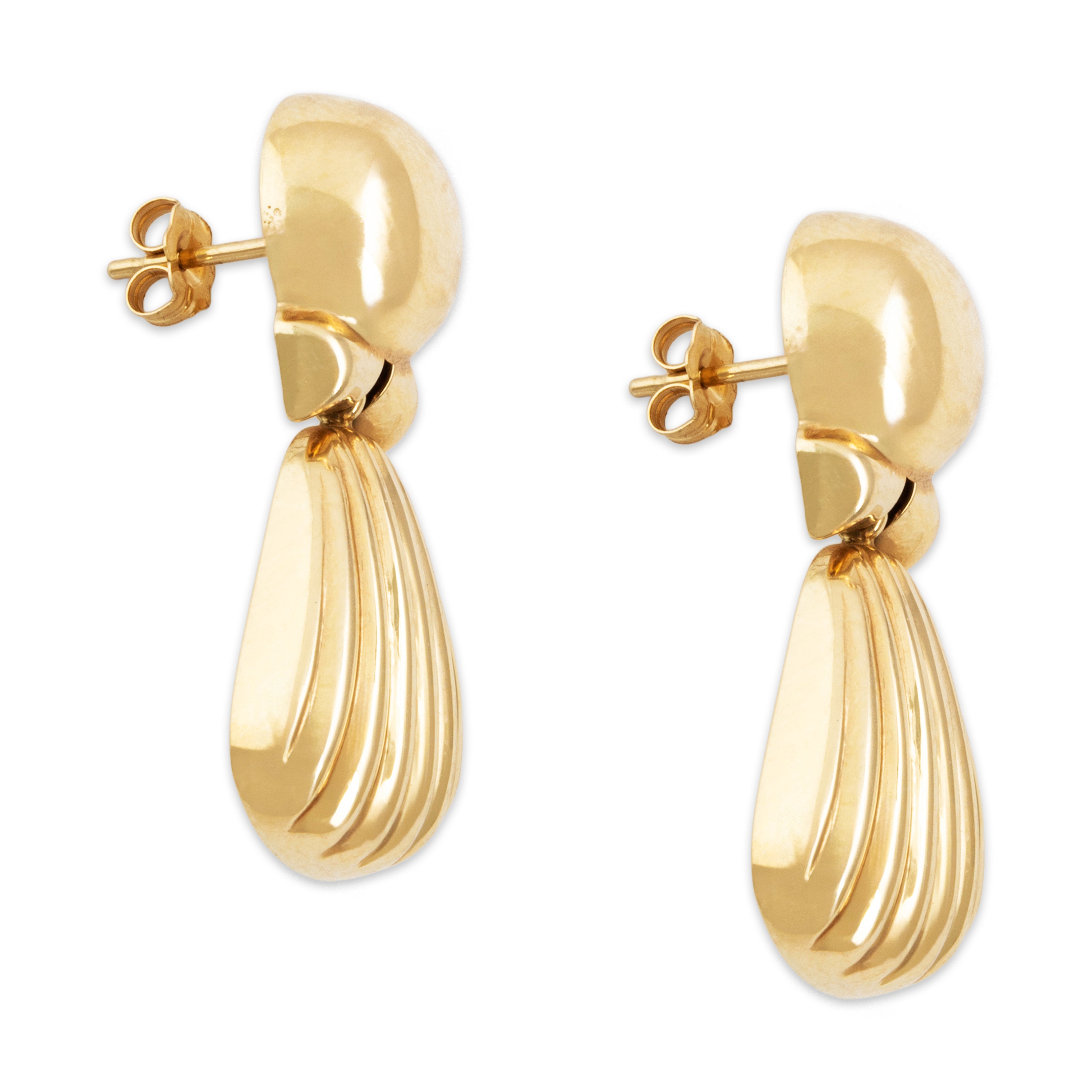 Vintage Italian Large 14k Yellow Gold Bold Ribbed Shell Dangle Earrings - Side view