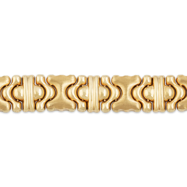 Vintage Italian 14k Yellow Gold Wide Geometric Brushed Link Bracelet 6.75