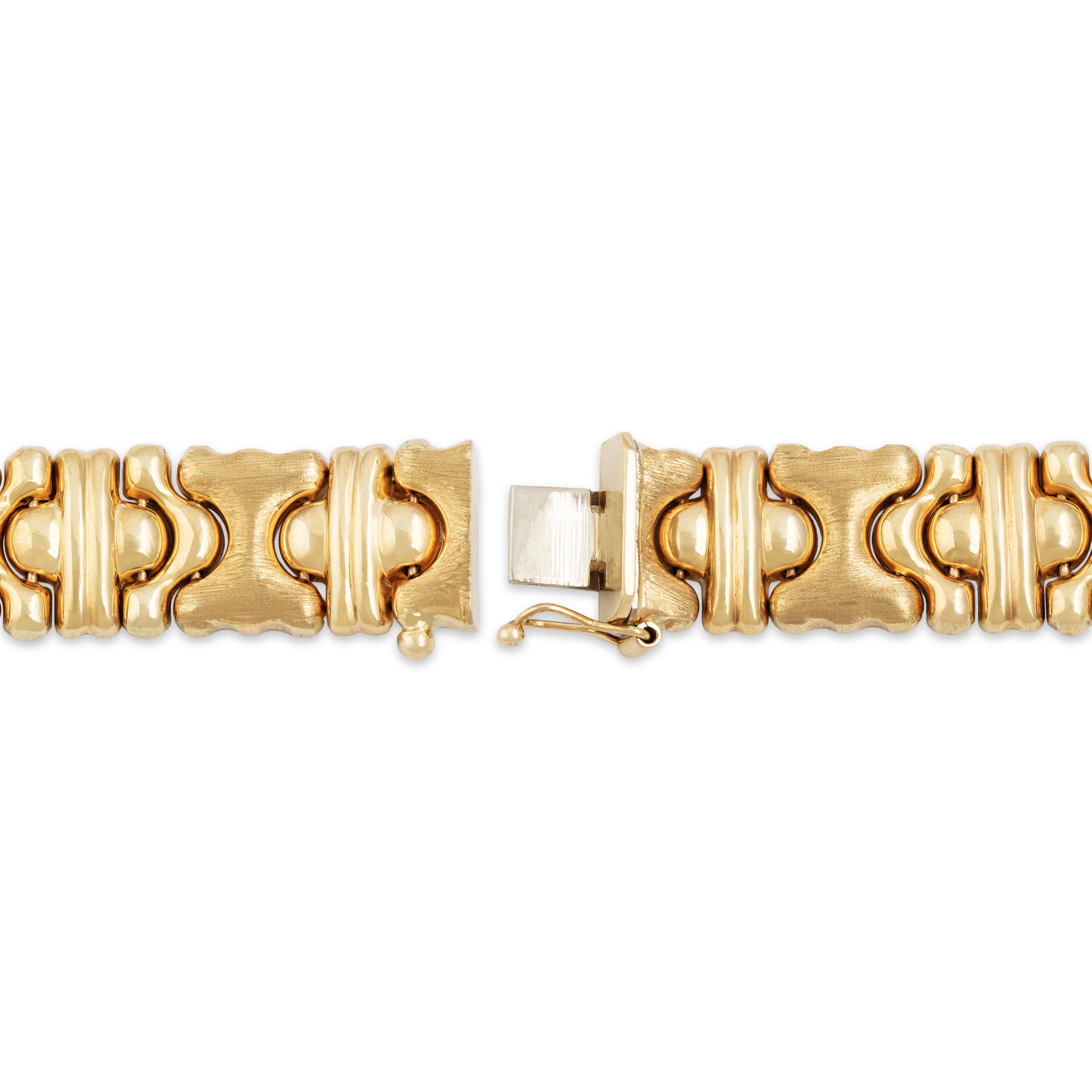 Vintage Italian 14k Yellow Gold Wide Geometric Brushed Textured Link Bracelet - clasp view