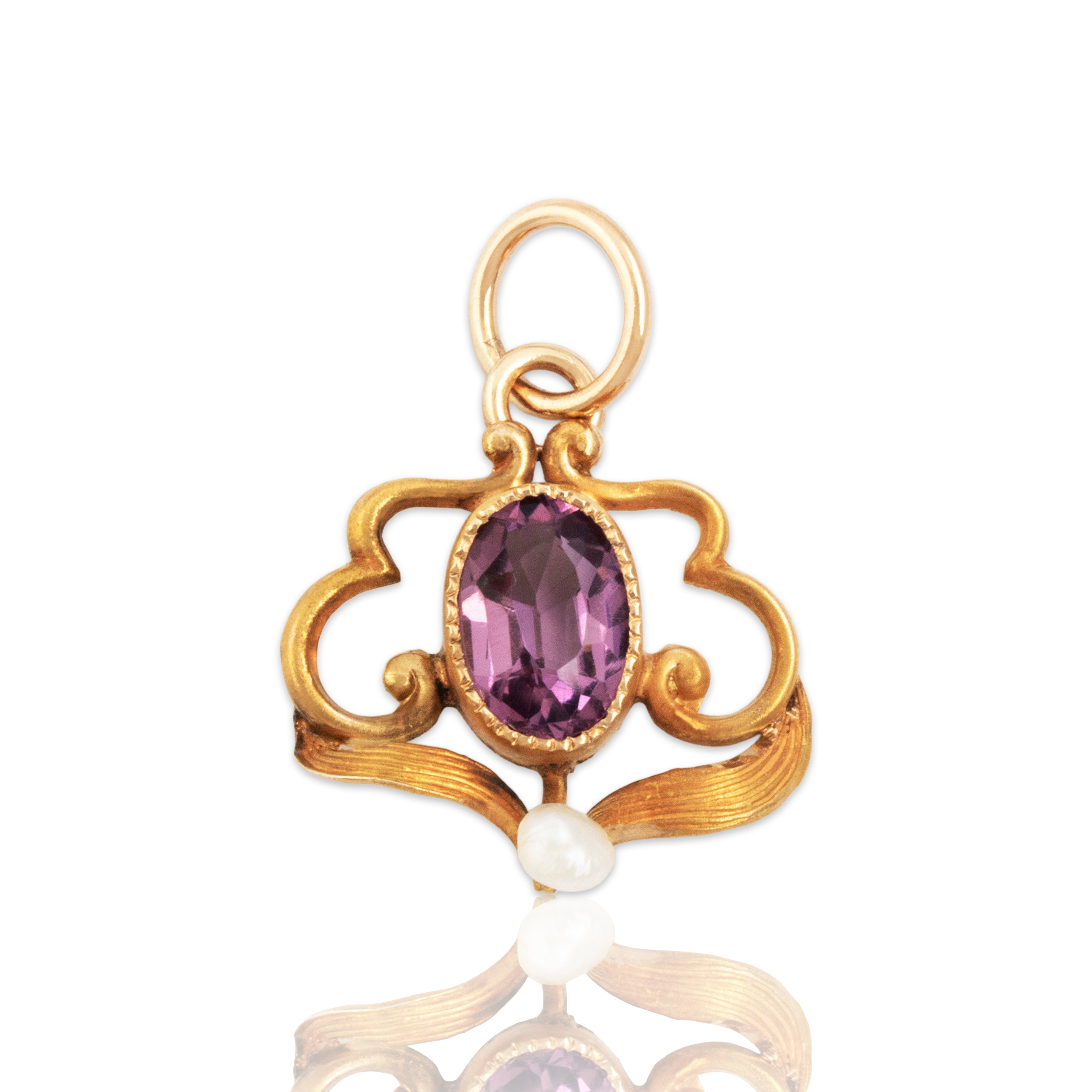Antique 14k Yellow Gold Purple Glass Pearl Pretty Swirling Satin Charm / Pendant - Close-up view
