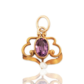 Antique 14k Yellow Gold Purple Glass Pearl Pretty Swirling Satin Charm / Pendant