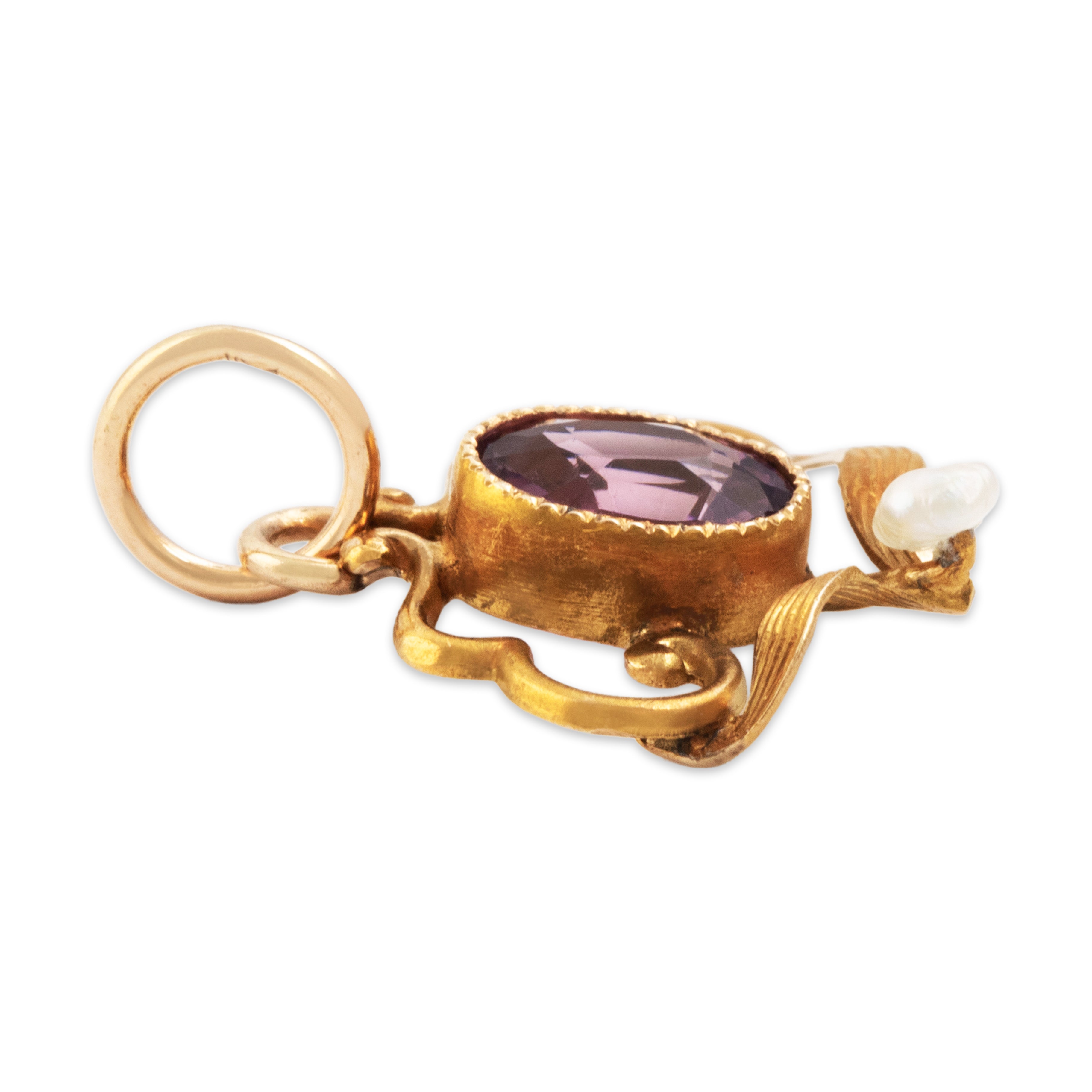 Antique 14k Yellow Gold Purple Glass Pearl Pretty Swirling Satin Charm / Pendant - Side view