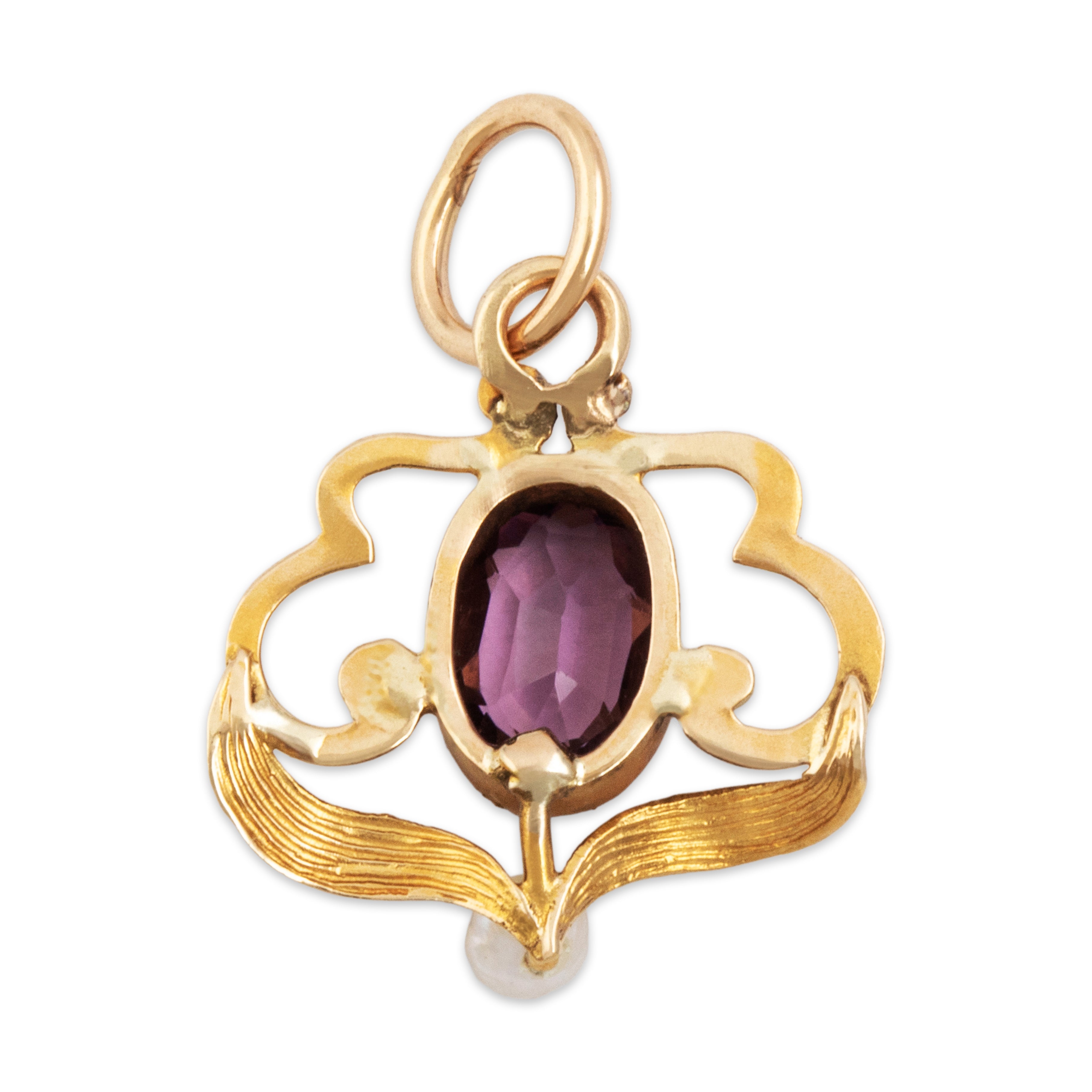 Antique 14k Yellow Gold Purple Glass Pearl Pretty Swirling Satin Charm / Pendant - Back view