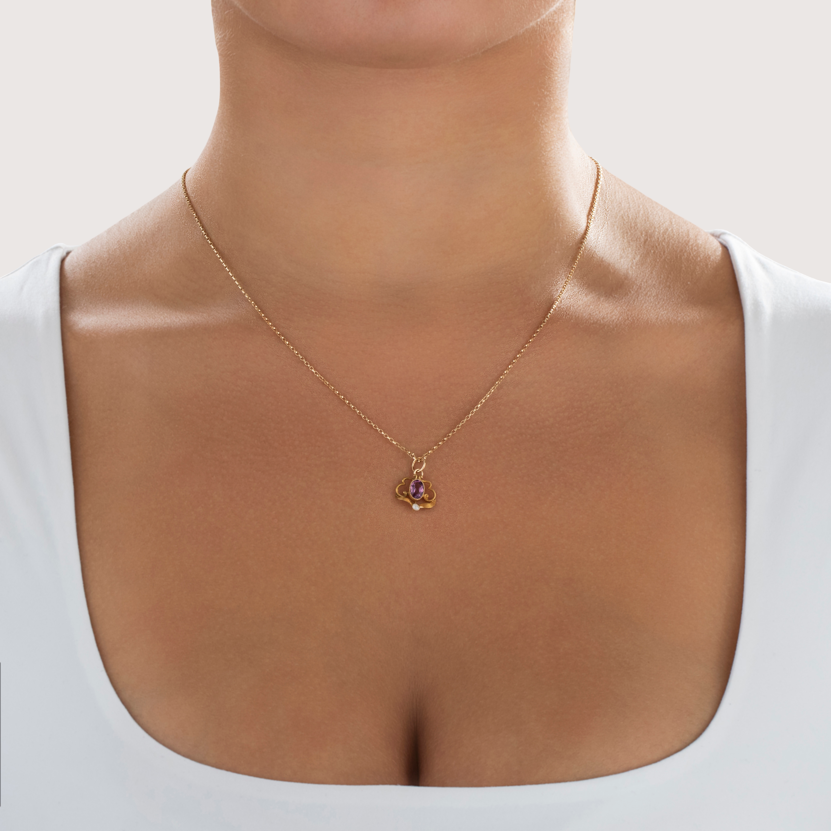 Antique 14k Yellow Gold Purple Glass Pearl Pretty Swirling Satin Charm / Pendant - On model view