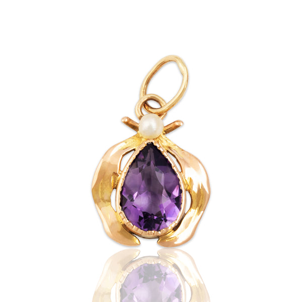 Antique 14k Rosy Yellow Gold Glass Purple Pearl Naturalistic Charm / Pendant