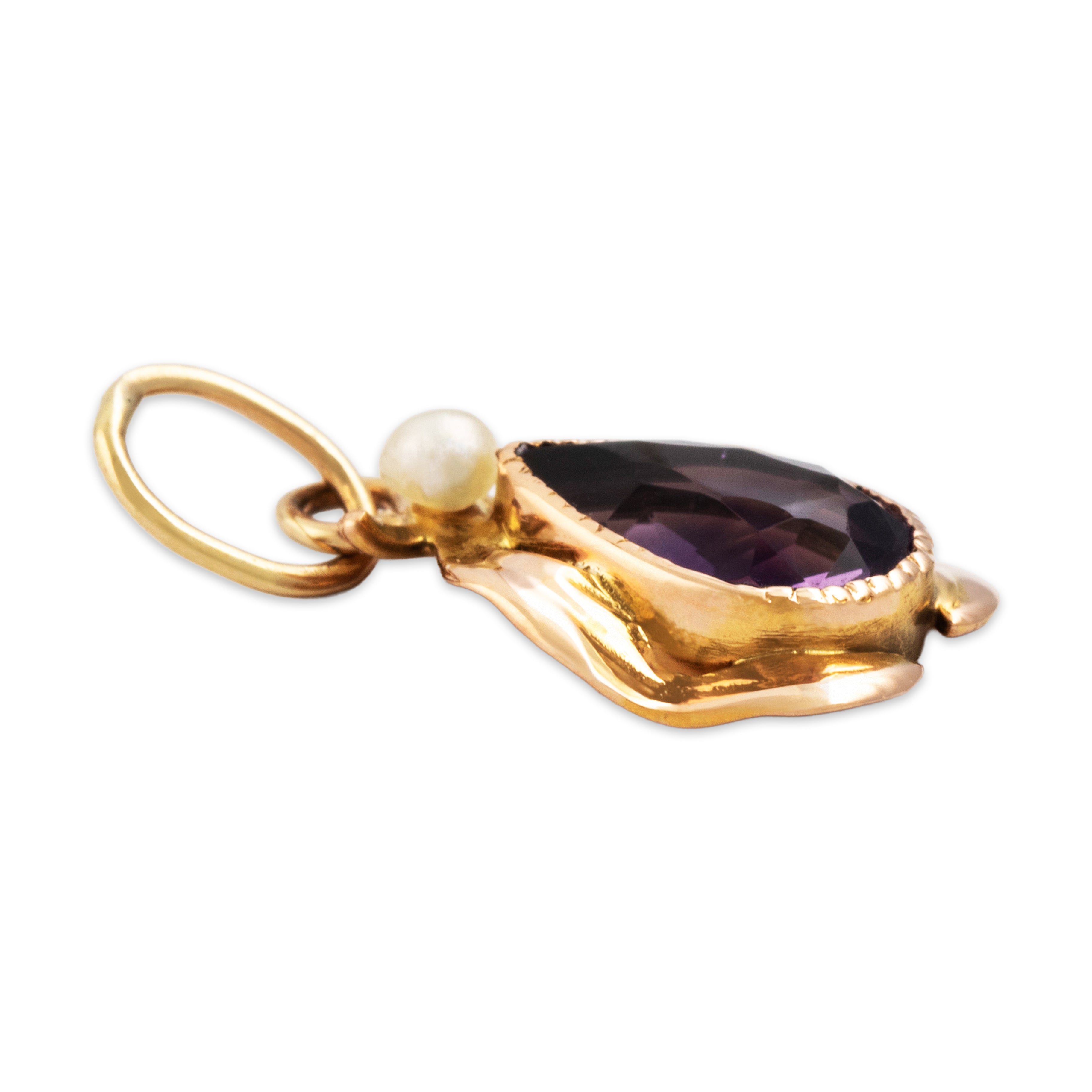 Antique 14k Rosy Yellow Gold Glass Purple Pearl Beetle-Like Charm / Pendant - Side view