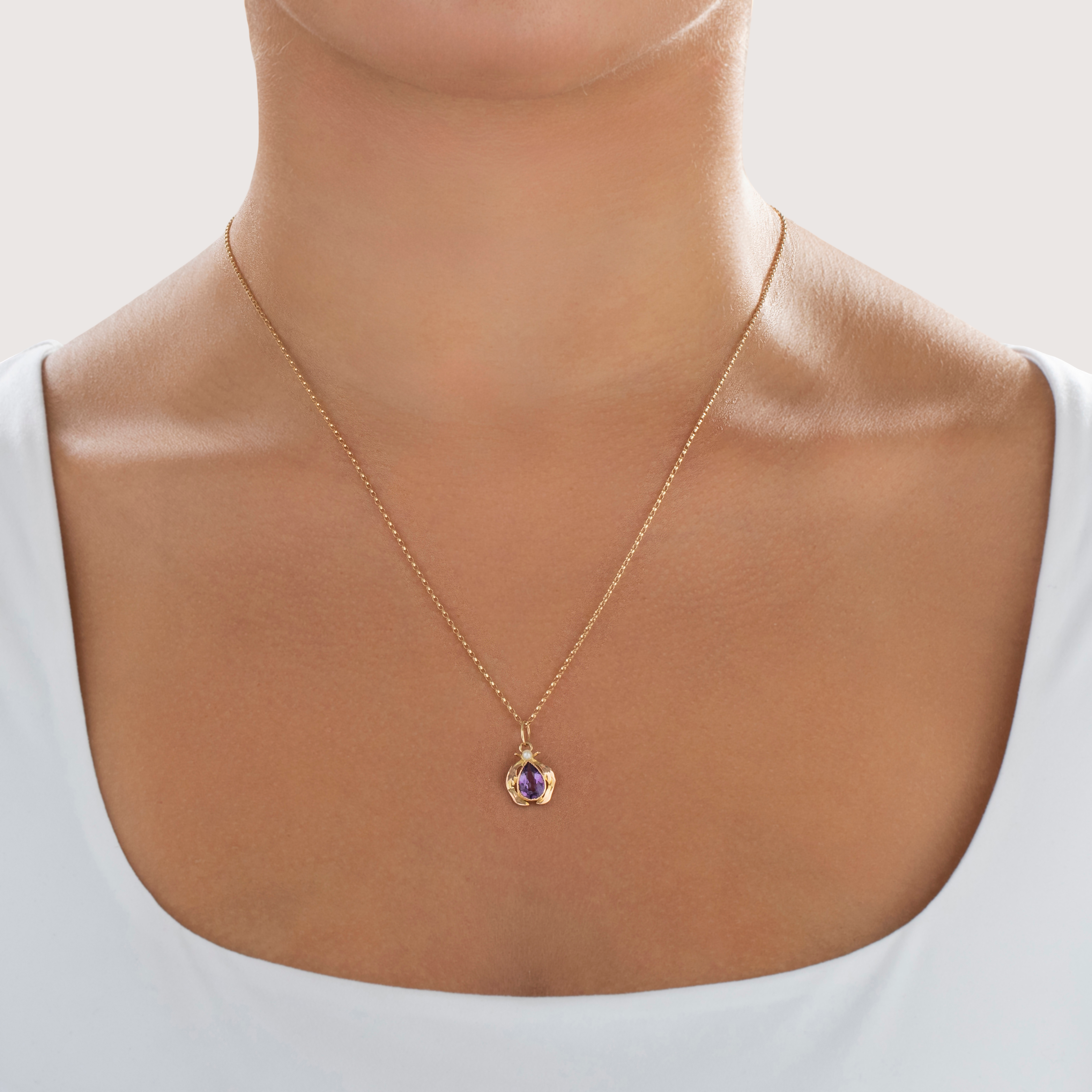 Antique 14k Rosy Yellow Gold Glass Purple Pearl Beetle-Like Charm / Pendant - On model view