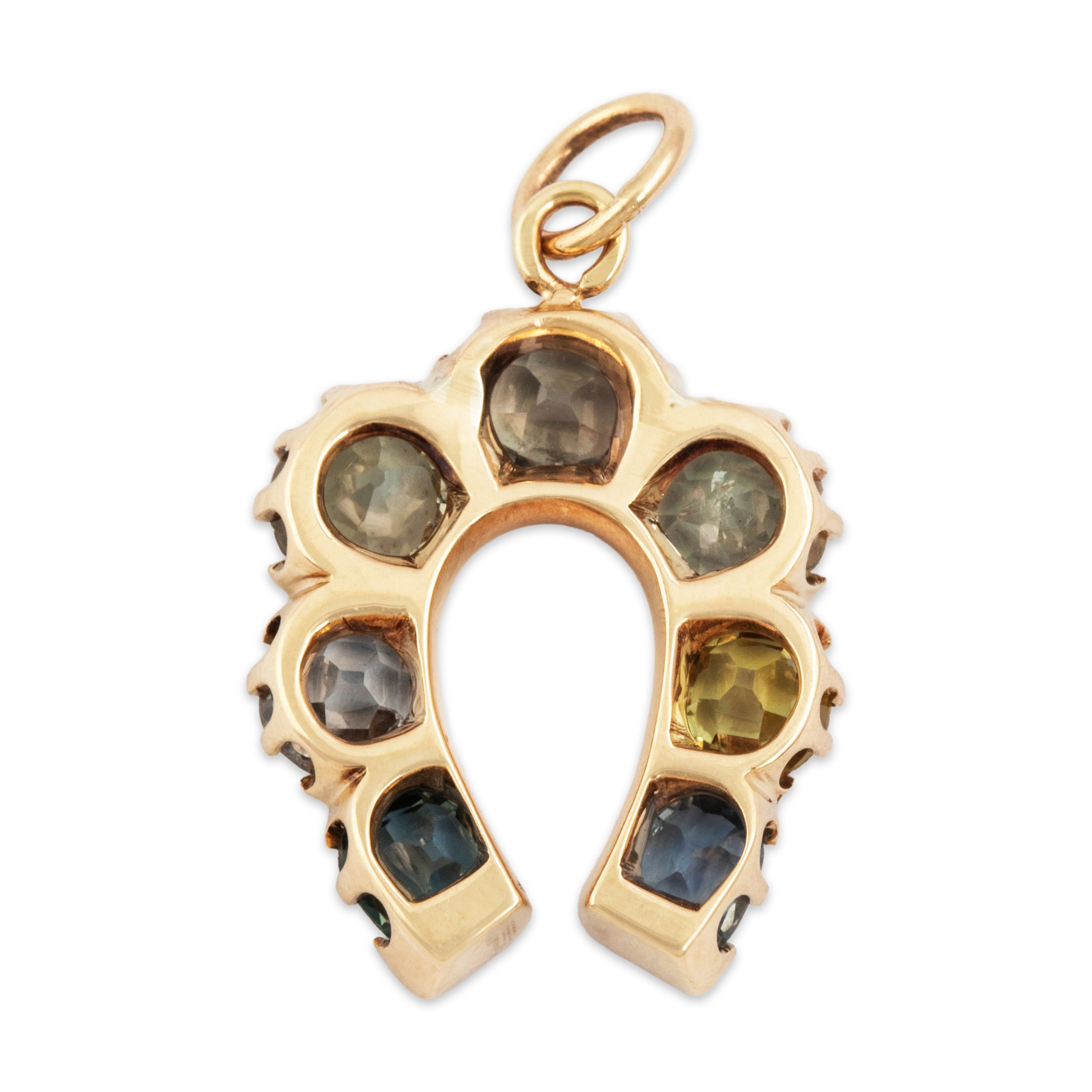 Antique Superb 14k Yellow Gold 2.37cttw Blue & Green Sapphire Horseshoe Pendant