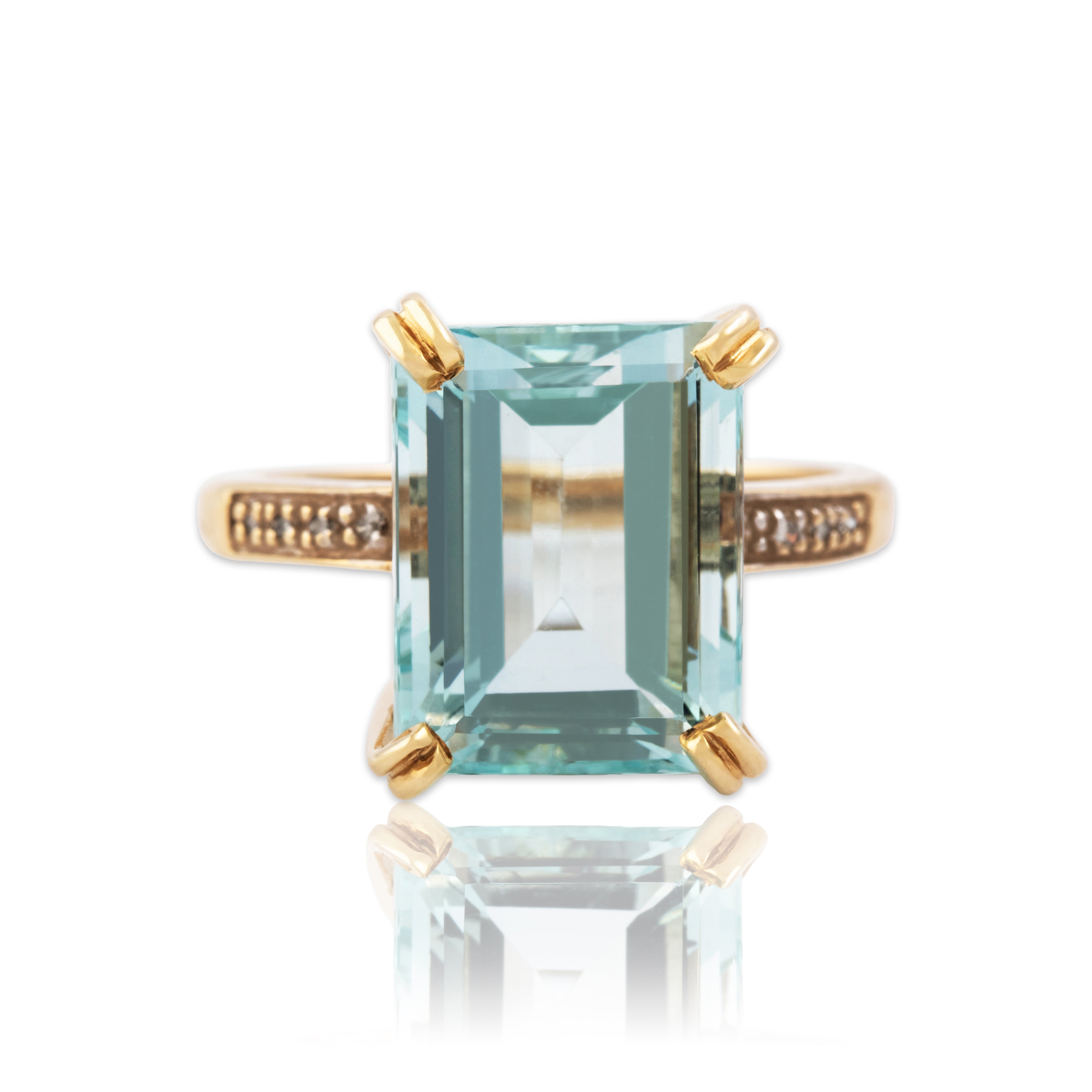 Vintage 14k Yellow Gold 7.4ct Aquamarine Diamond Emerald-Cut Cocktail Ring 8.00