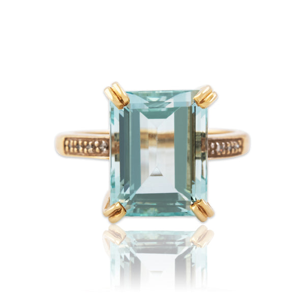 Vintage 14k Yellow Gold 7.4ct Aquamarine Diamond Emerald-Cut Cocktail Ring 8.00