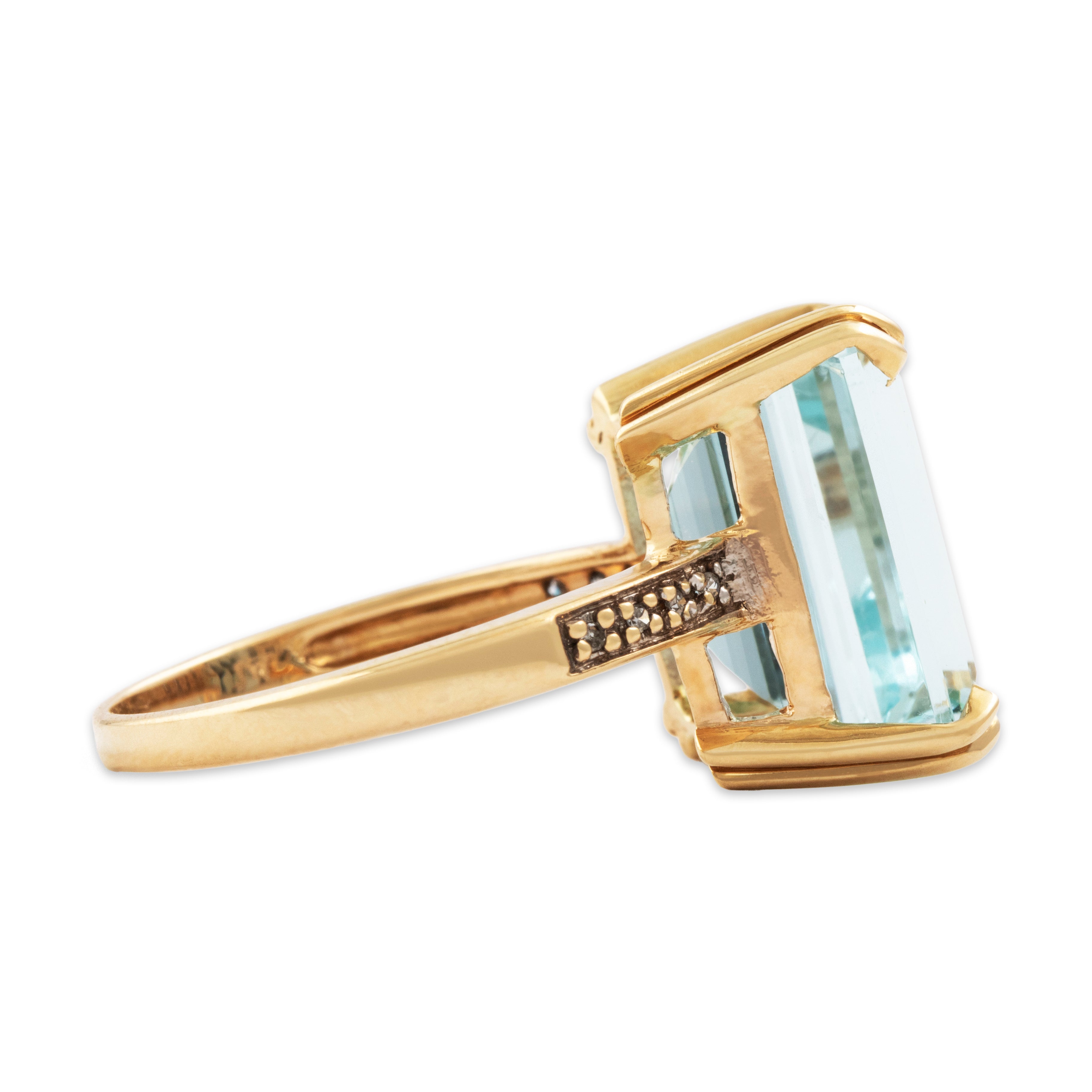 Vintage 14k Yellow Gold 7.4ct Aquamarine Diamond Emerald-Cut Cocktail Ring - Side view