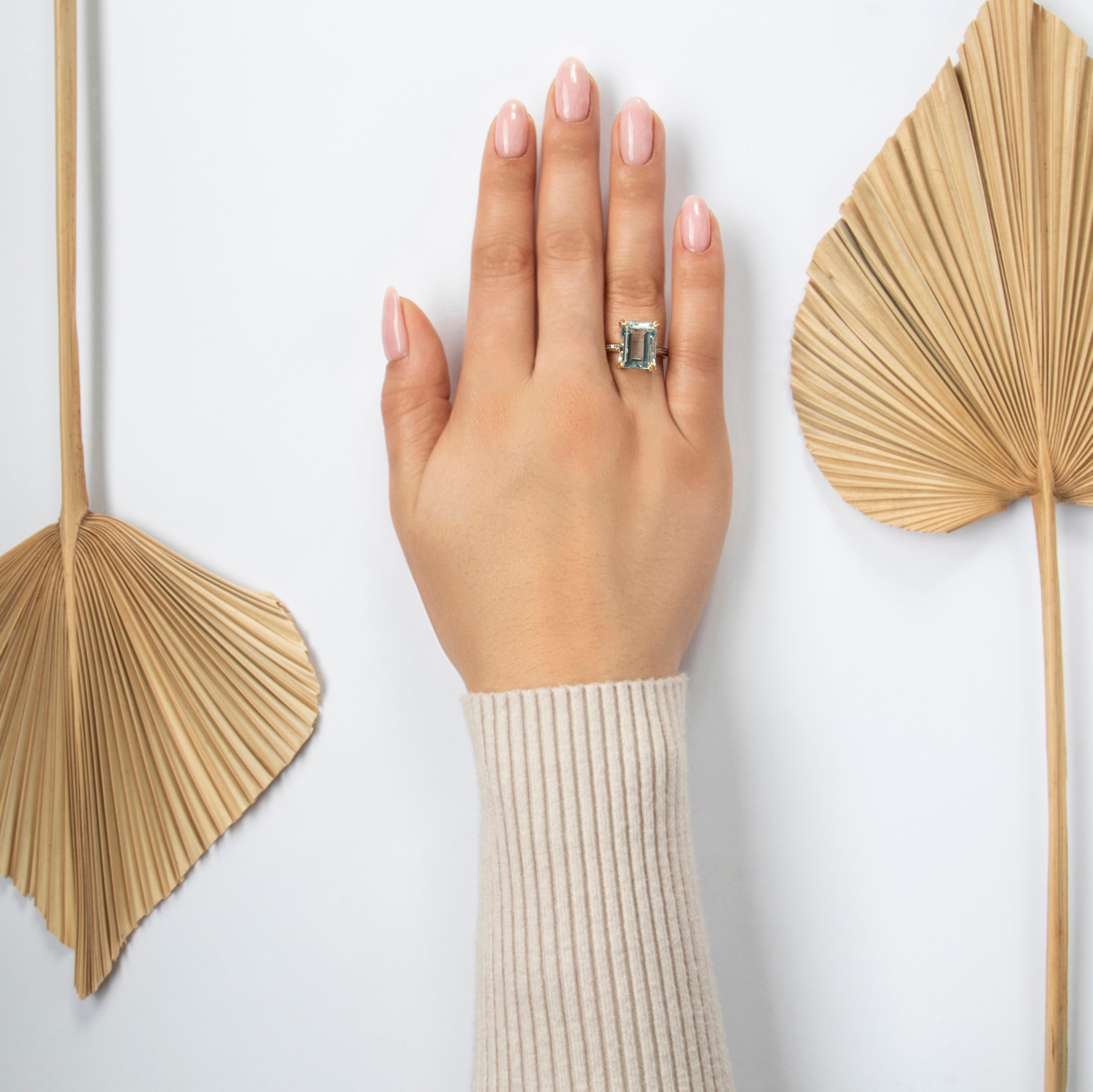 Vintage 14k Yellow Gold 7.4ct Aquamarine Diamond Emerald-Cut Cocktail Ring - On model view