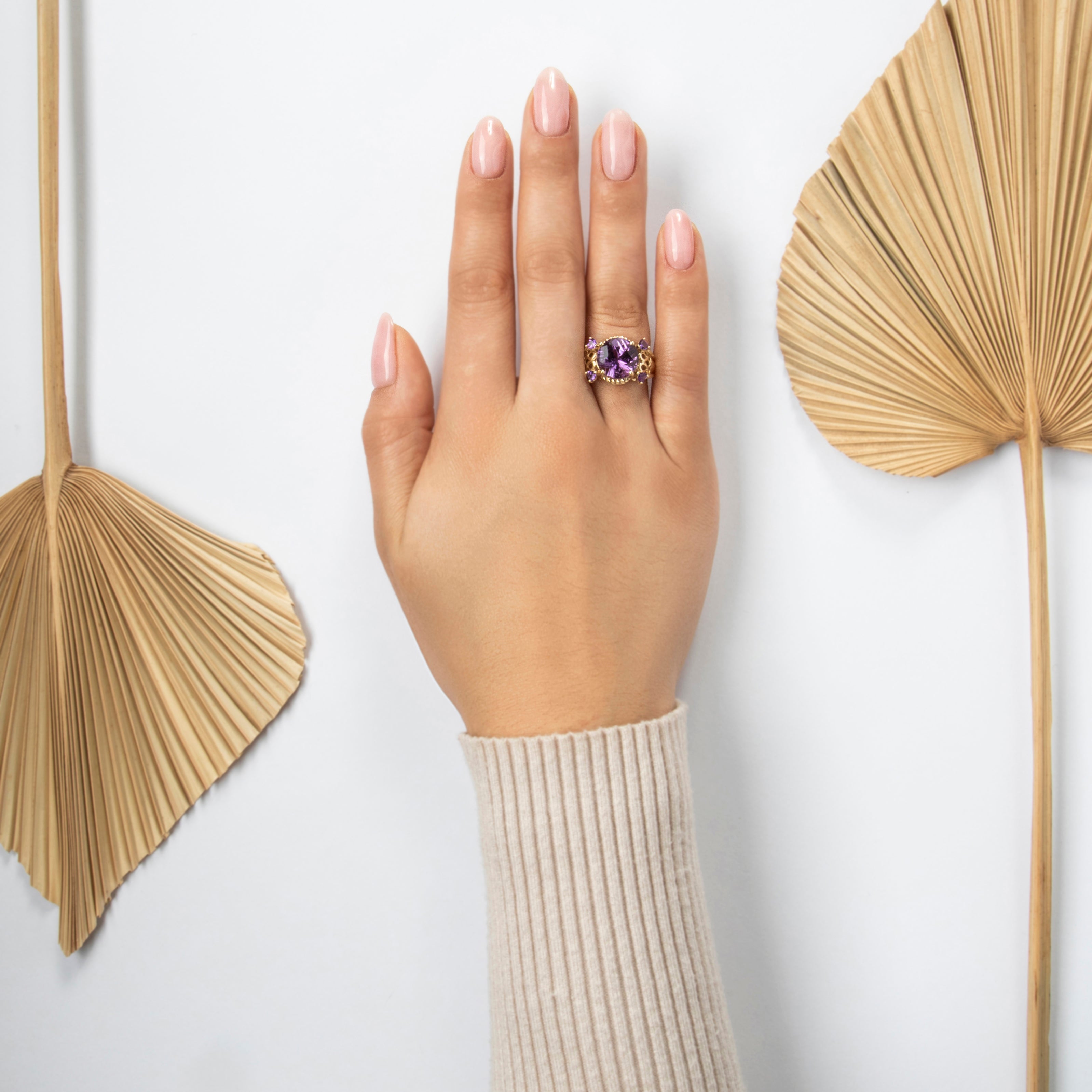 Vintage 10k Yellow Gold 5.8cttw Amethyst Pretty Cabled Heart Ring - On model view