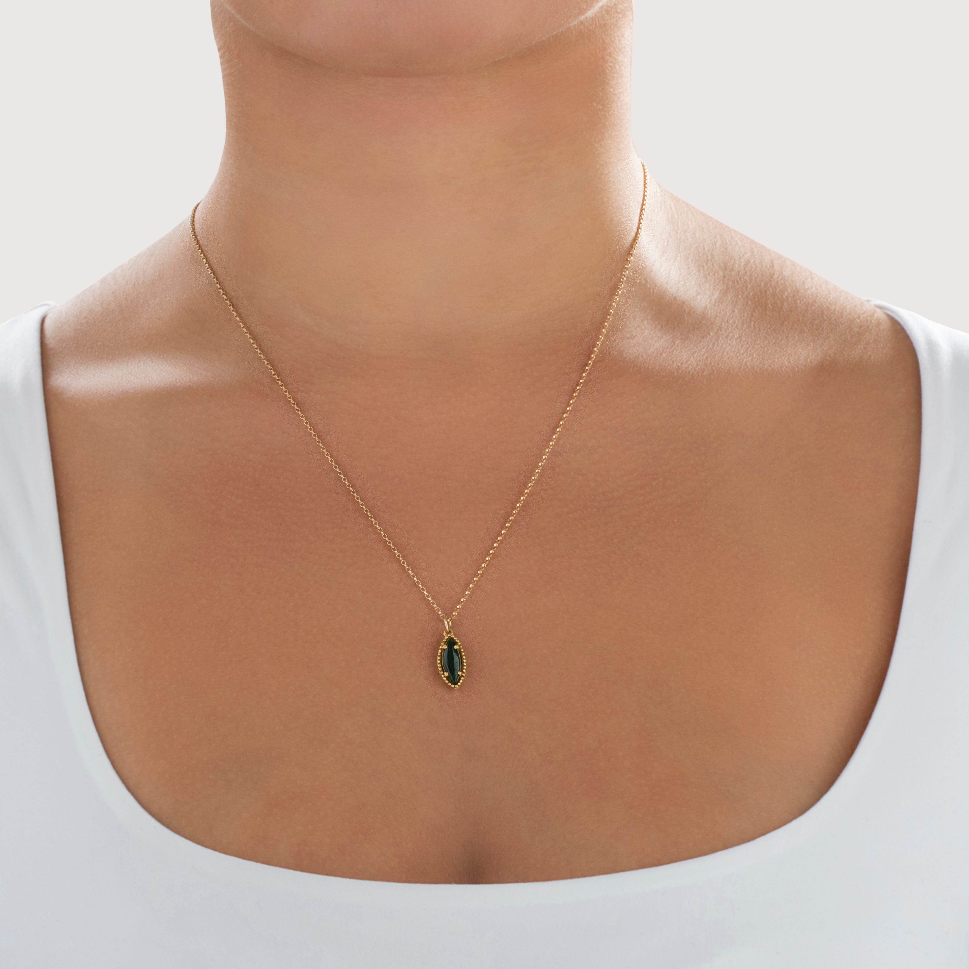 Vintage 18k Yellow Gold Jade Pretty Dotted Navette Pendant - On model view