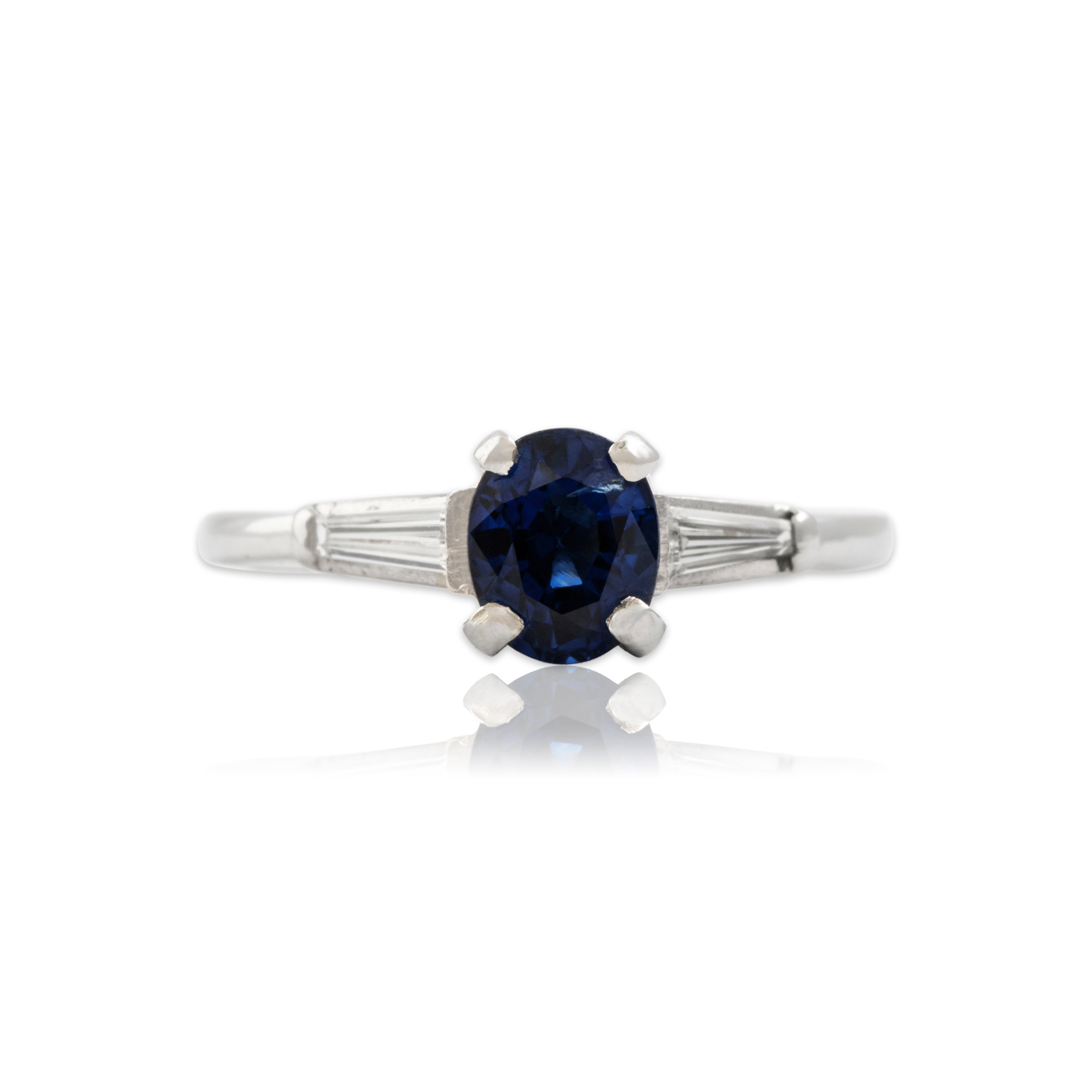 Vintage Platinum .85ct Blue Sapphire Diamond Three-Stone Cathedral Ring - Close-up view