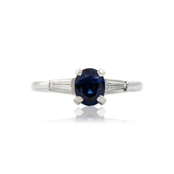 Vintage Platinum .85ct Blue Sapphire Diamond Three-Stone Cathedral Ring 6.00