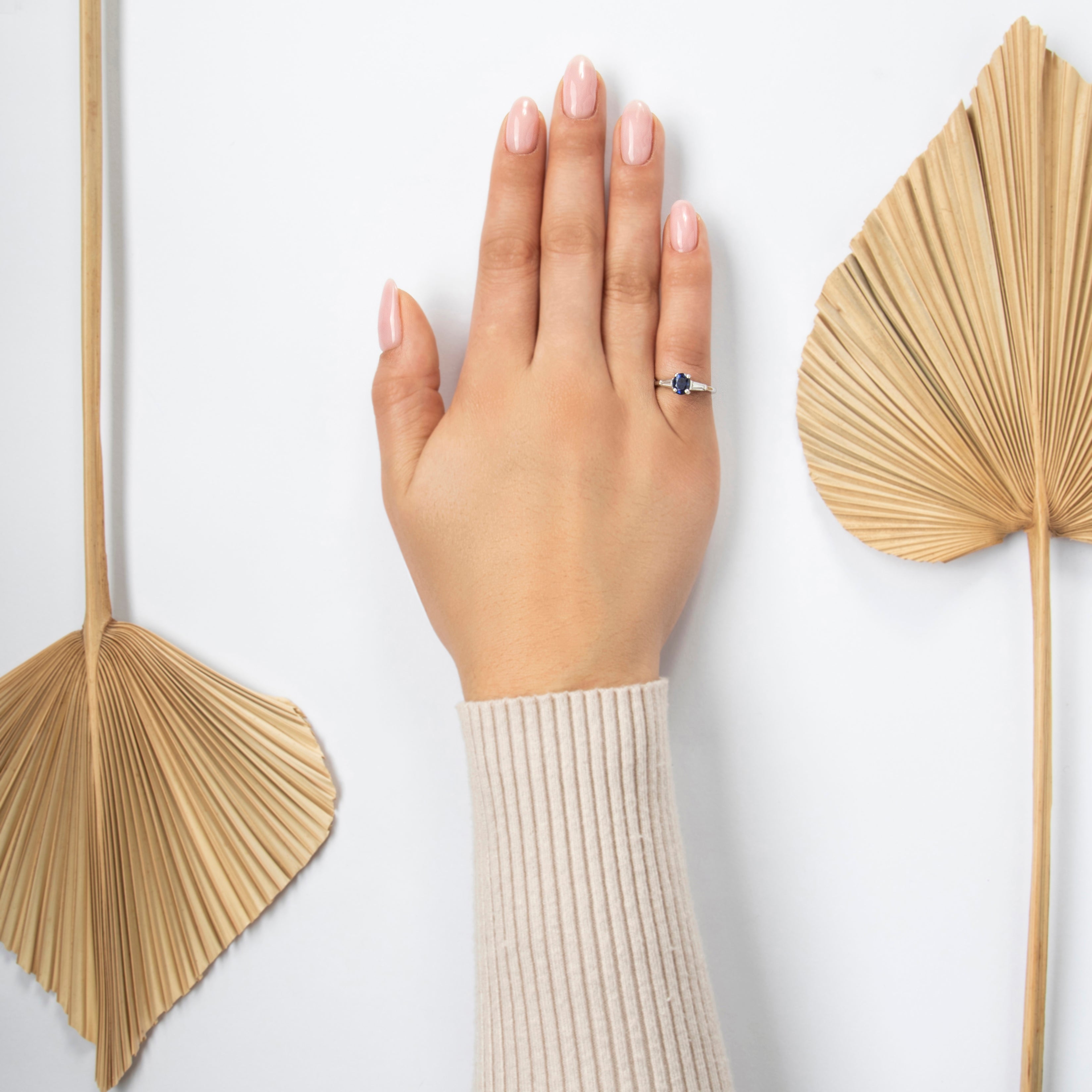 Vintage Platinum .85ct Blue Sapphire Diamond Three-Stone Cathedral Ring - On model view