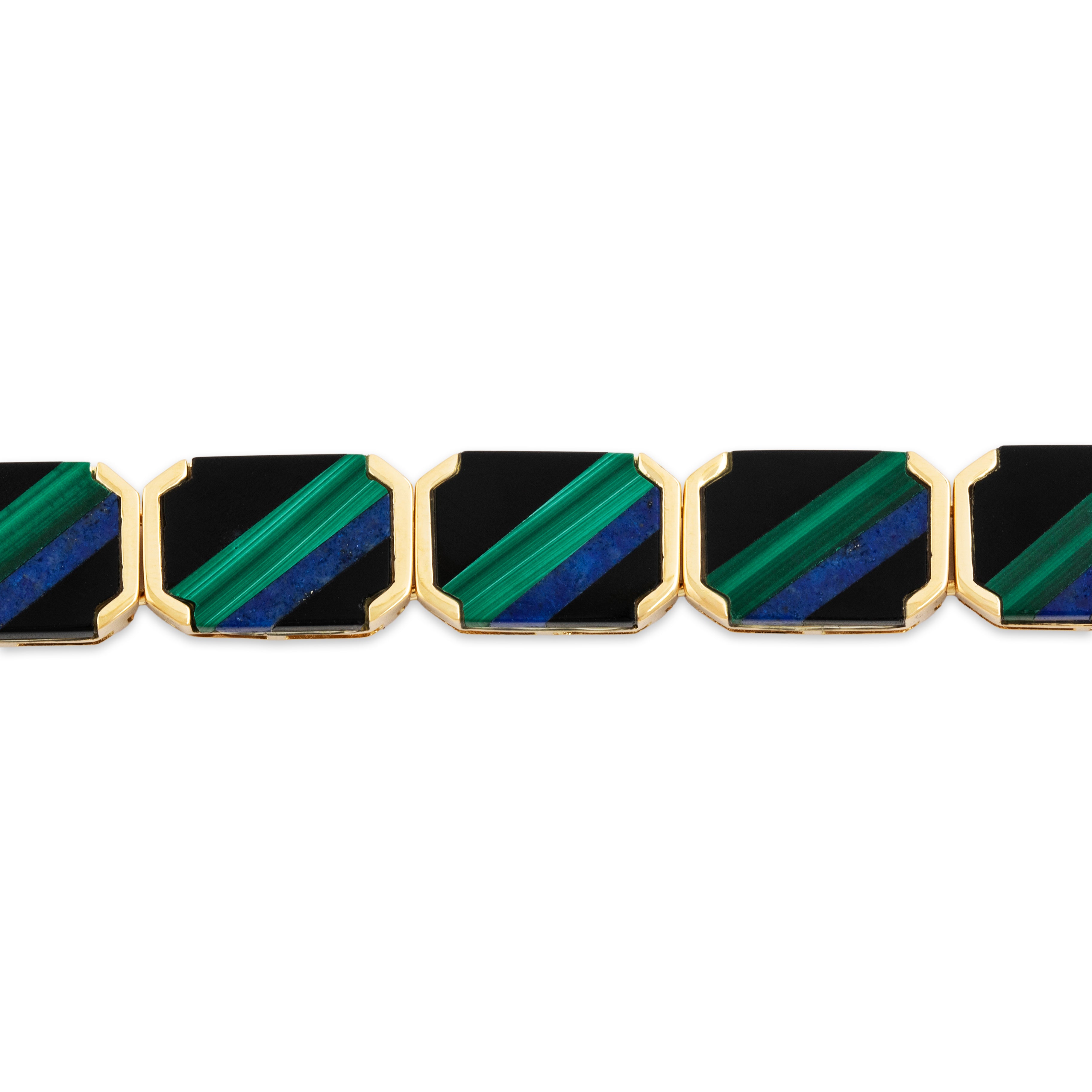 Vintage Fabulous 18k Yellow Gold Onyx Malachite Rectangular Inlay Bracelet - detail view #1