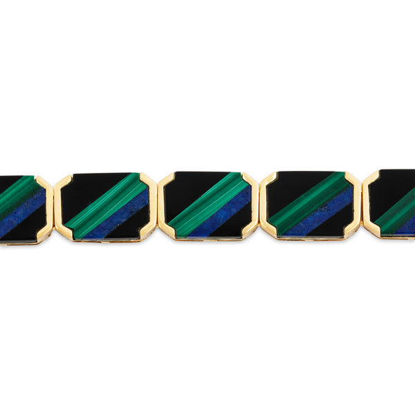 Vintage Fabulous 18k Yellow Gold Onyx Malachite Lapis Lazuli Inlay Bracelet 6.5