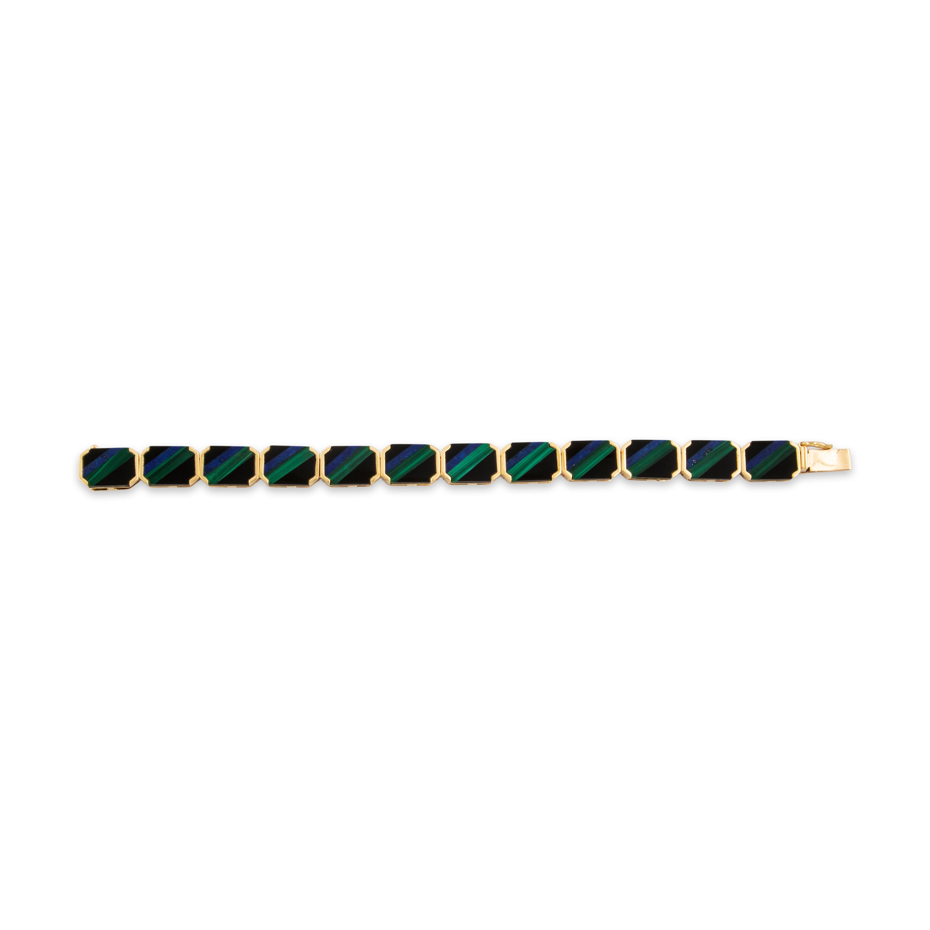Vintage Fabulous 18k Yellow Gold Onyx Malachite Rectangular Inlay Bracelet - Close-up view