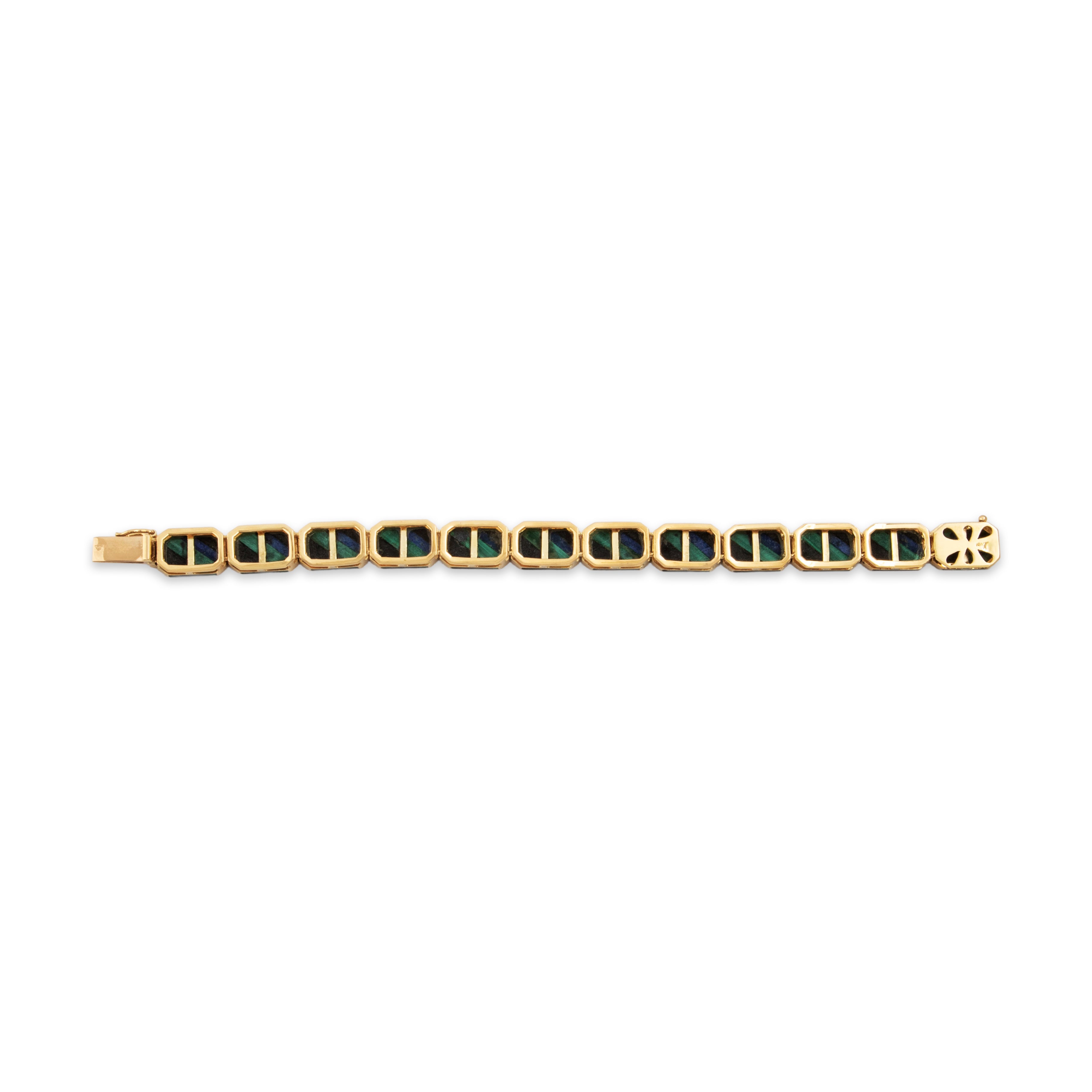 Vintage Fabulous 18k Yellow Gold Onyx Malachite Rectangular Inlay Bracelet - Back view