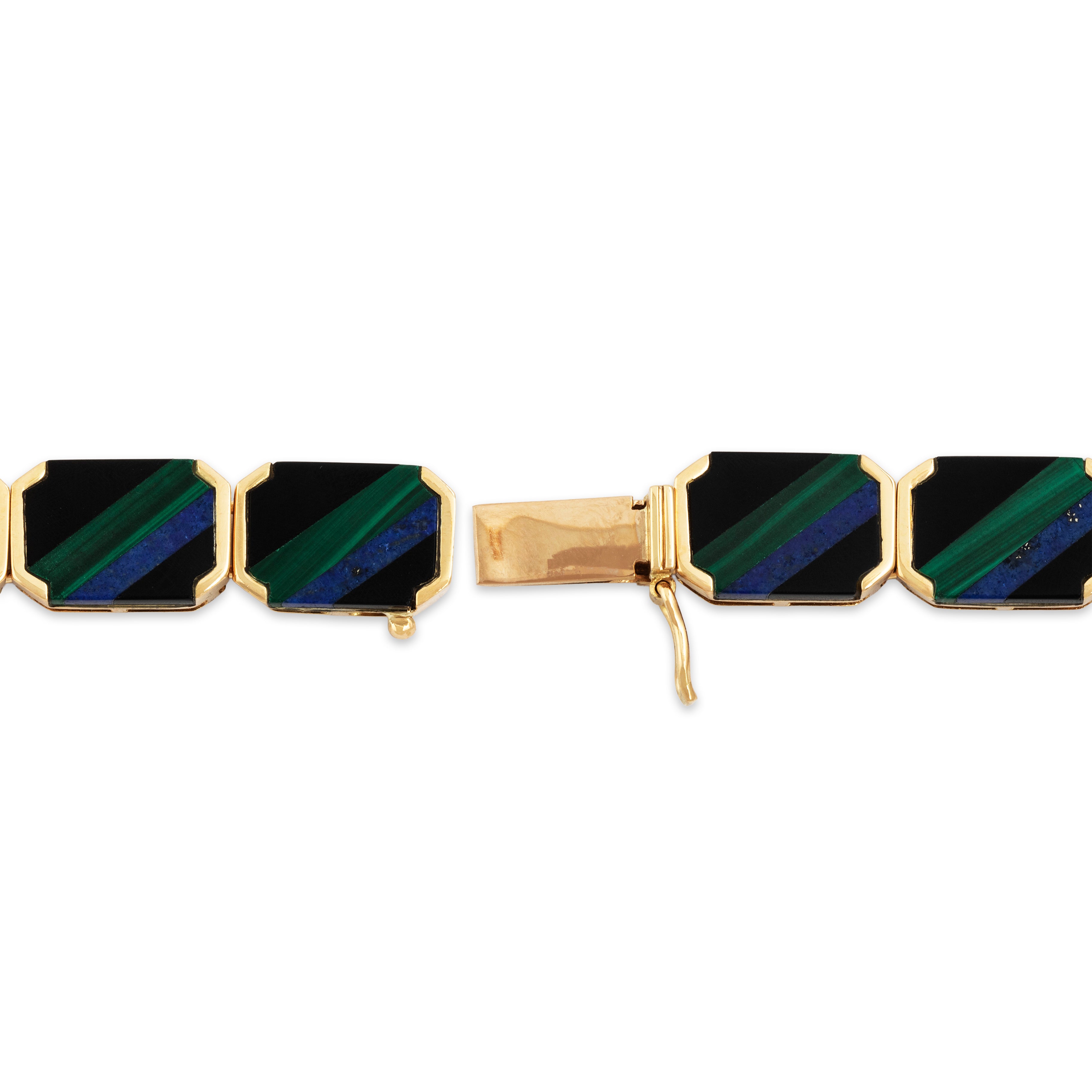Vintage Fabulous 18k Yellow Gold Onyx Malachite Rectangular Inlay Bracelet - clasp view
