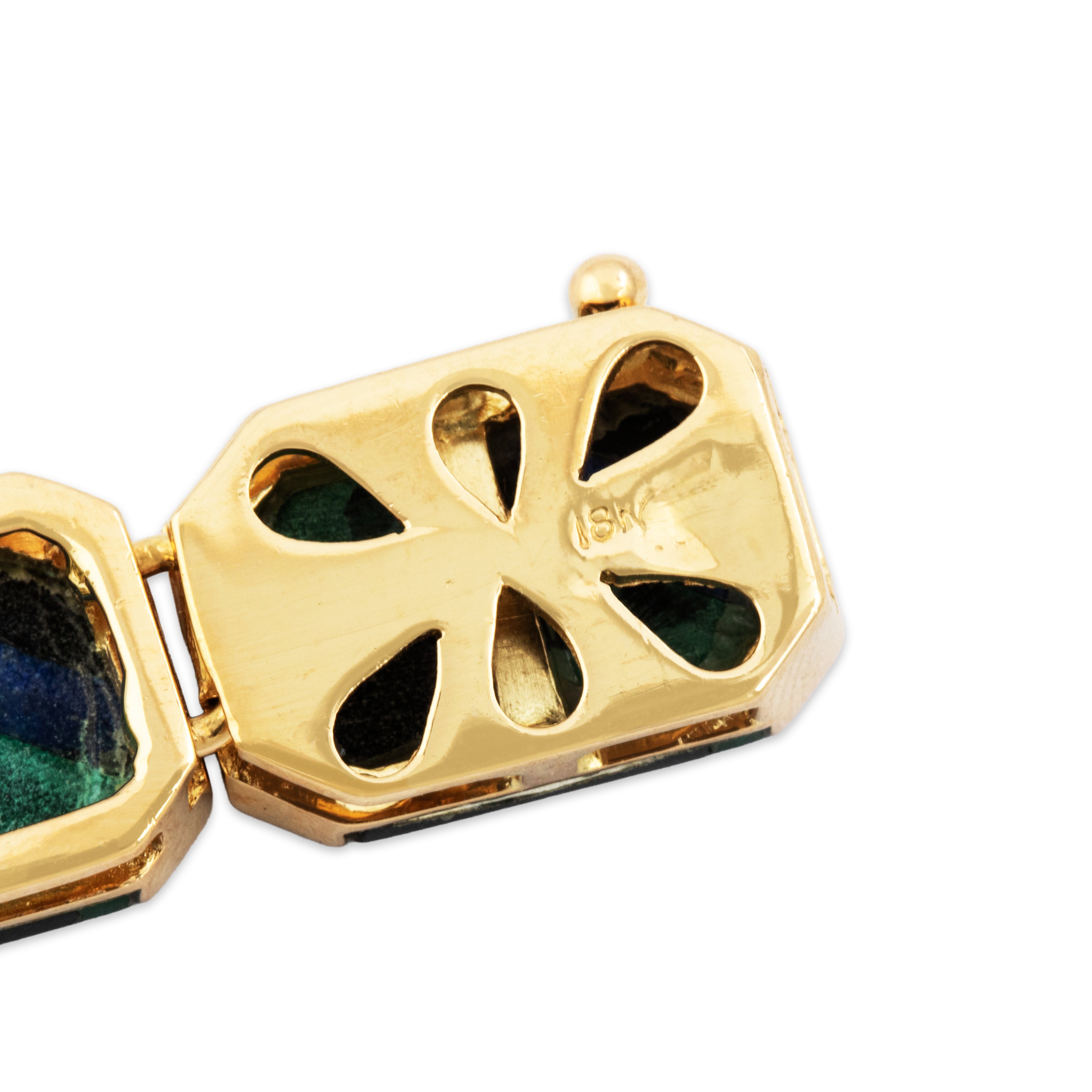 Vintage Fabulous 18k Yellow Gold Onyx Malachite Rectangular Inlay Bracelet - Hallmark view