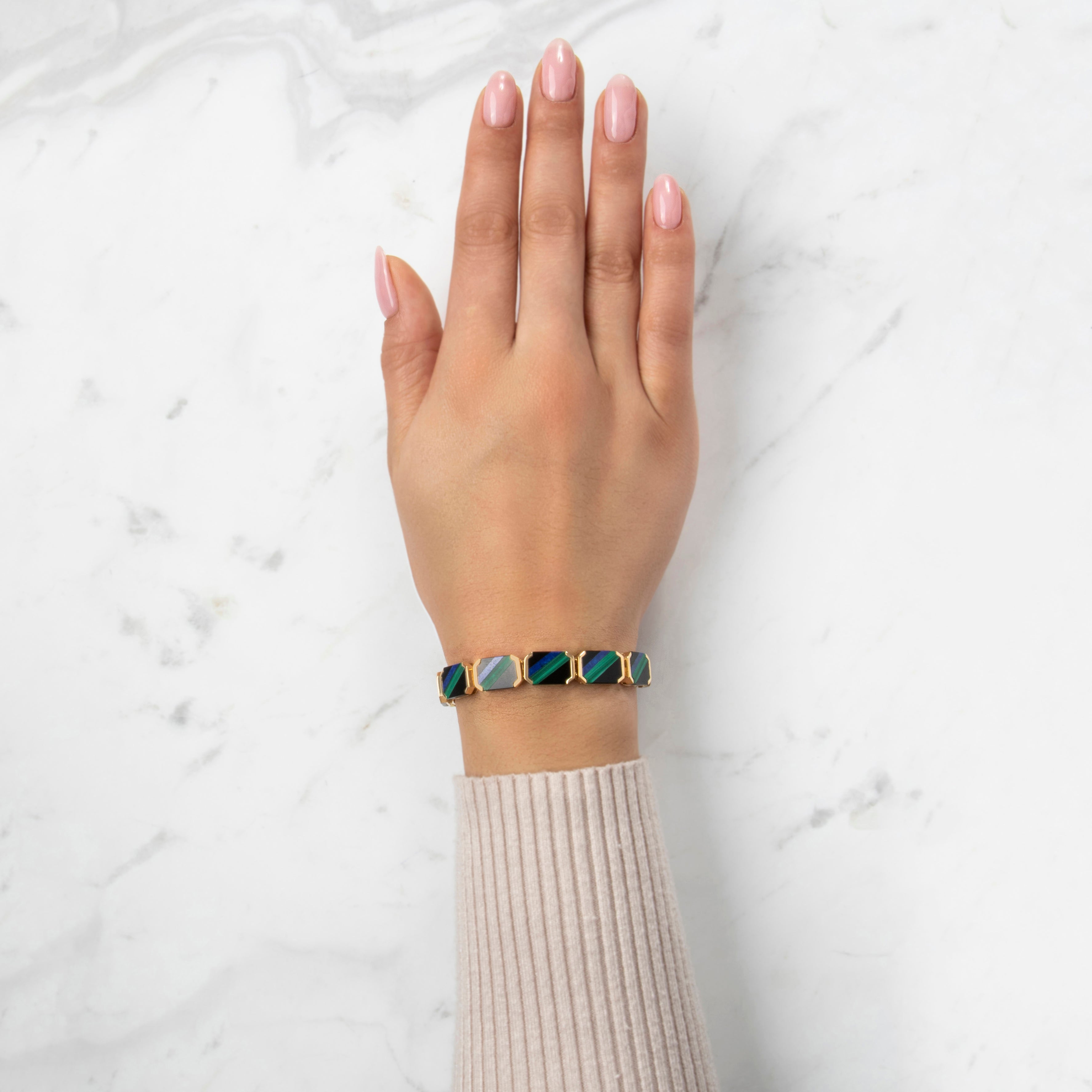 Vintage Fabulous 18k Yellow Gold Onyx Malachite Lapis Lazuli Inlay Bracelet 6.5