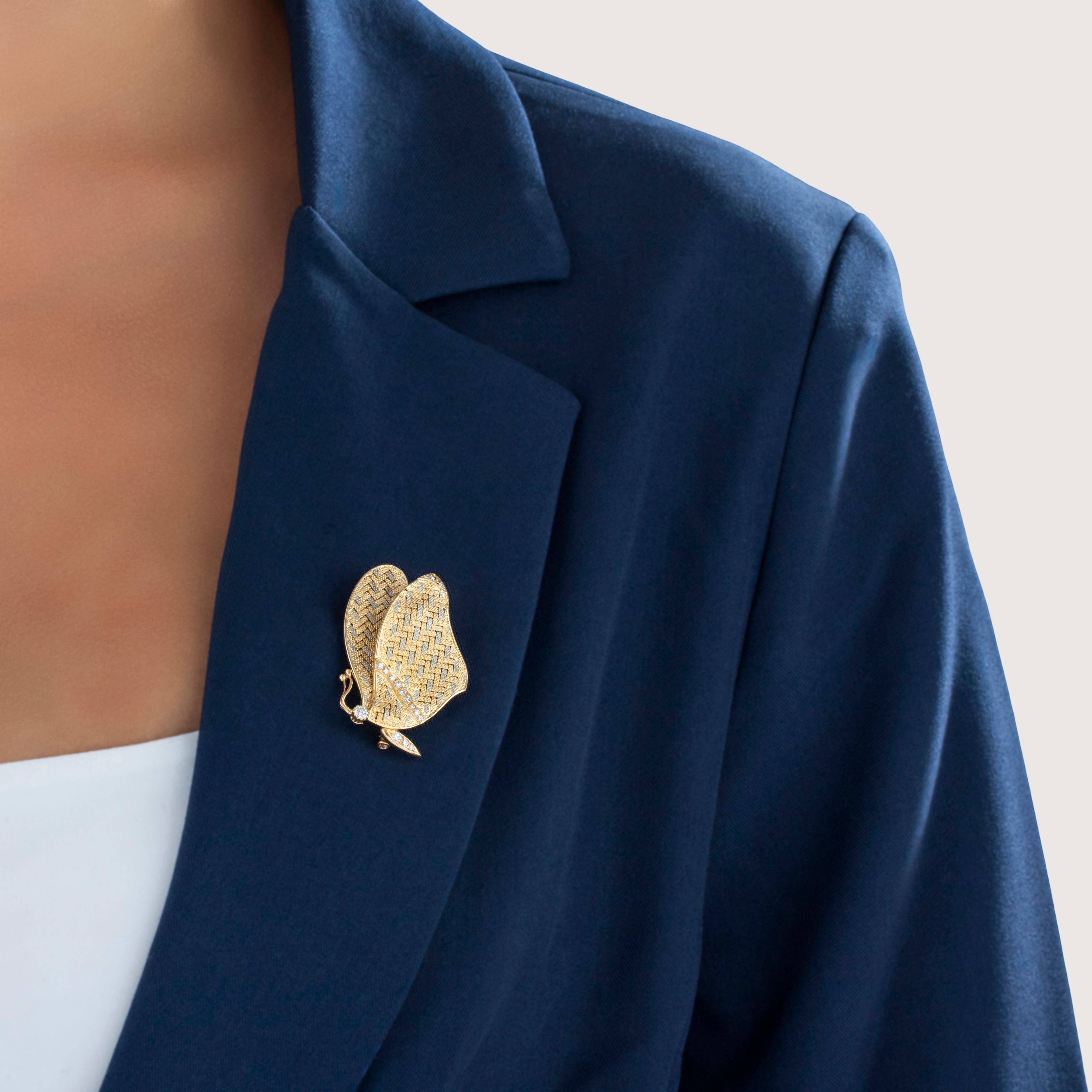 Vintage Asprey English 18k Yellow & White Gold Diamond Butterfly Brooch / Pin - On model view