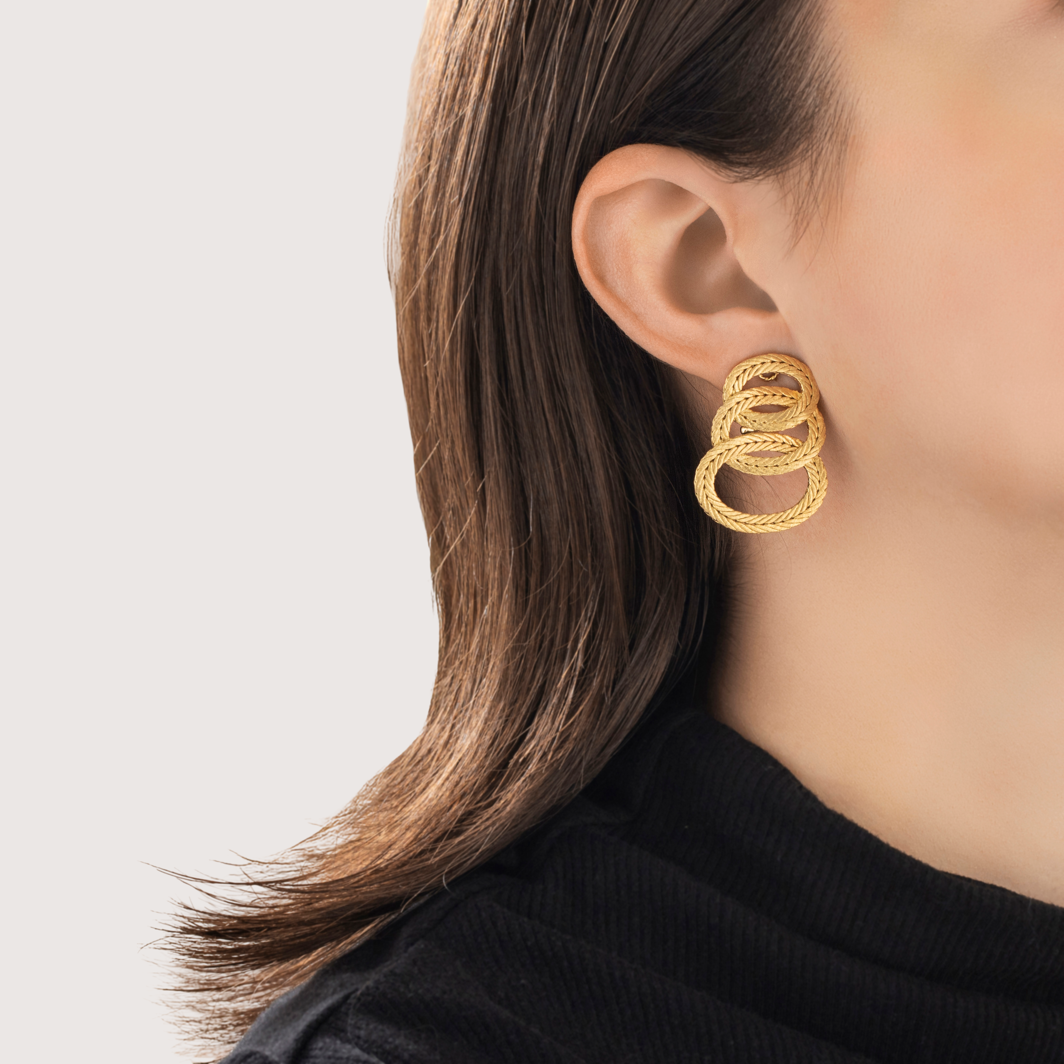 Vintage Buccellati Italian 18k Yellow Gold Woven Triple Loop Statement Clip Earrings - On model view