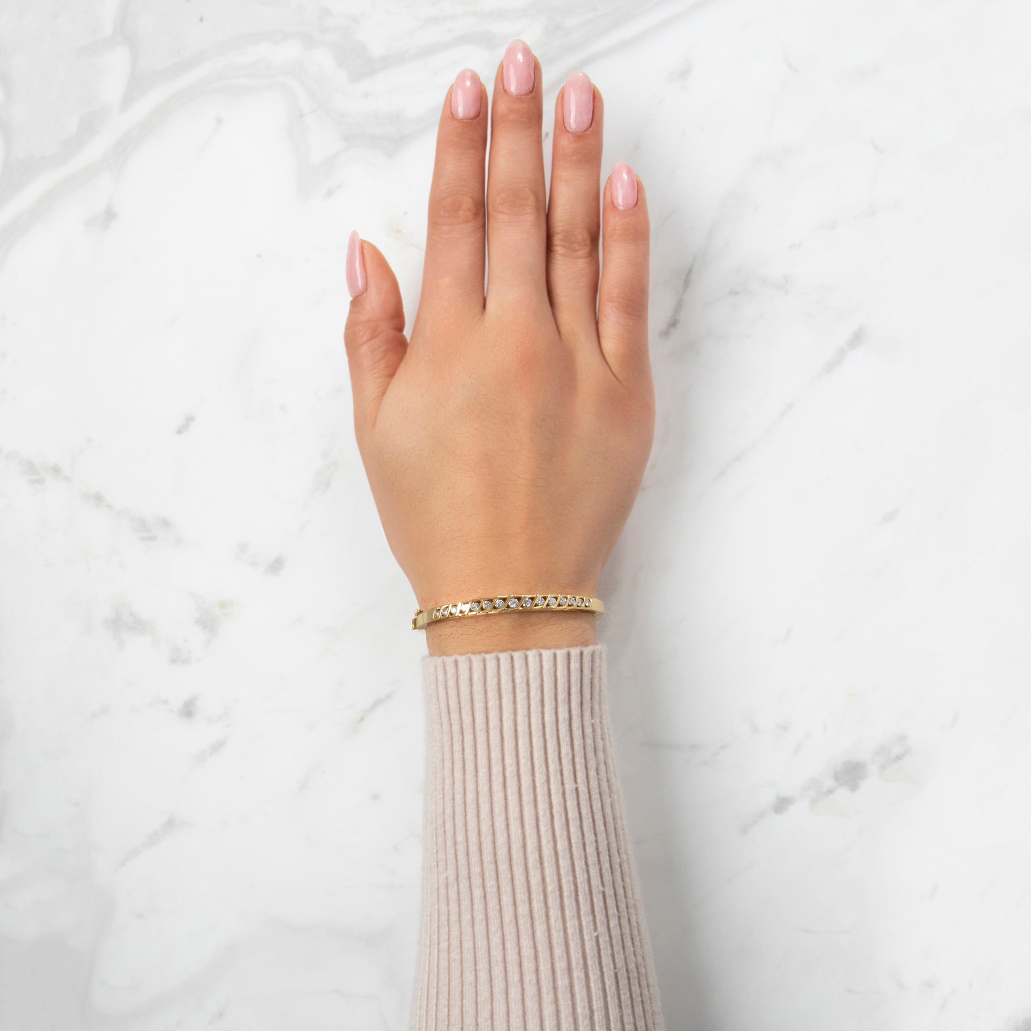 Vintage 18k Yellow Gold 1.112cttw Diamond Stunning Open-Set Bangle Bracelet - On model view