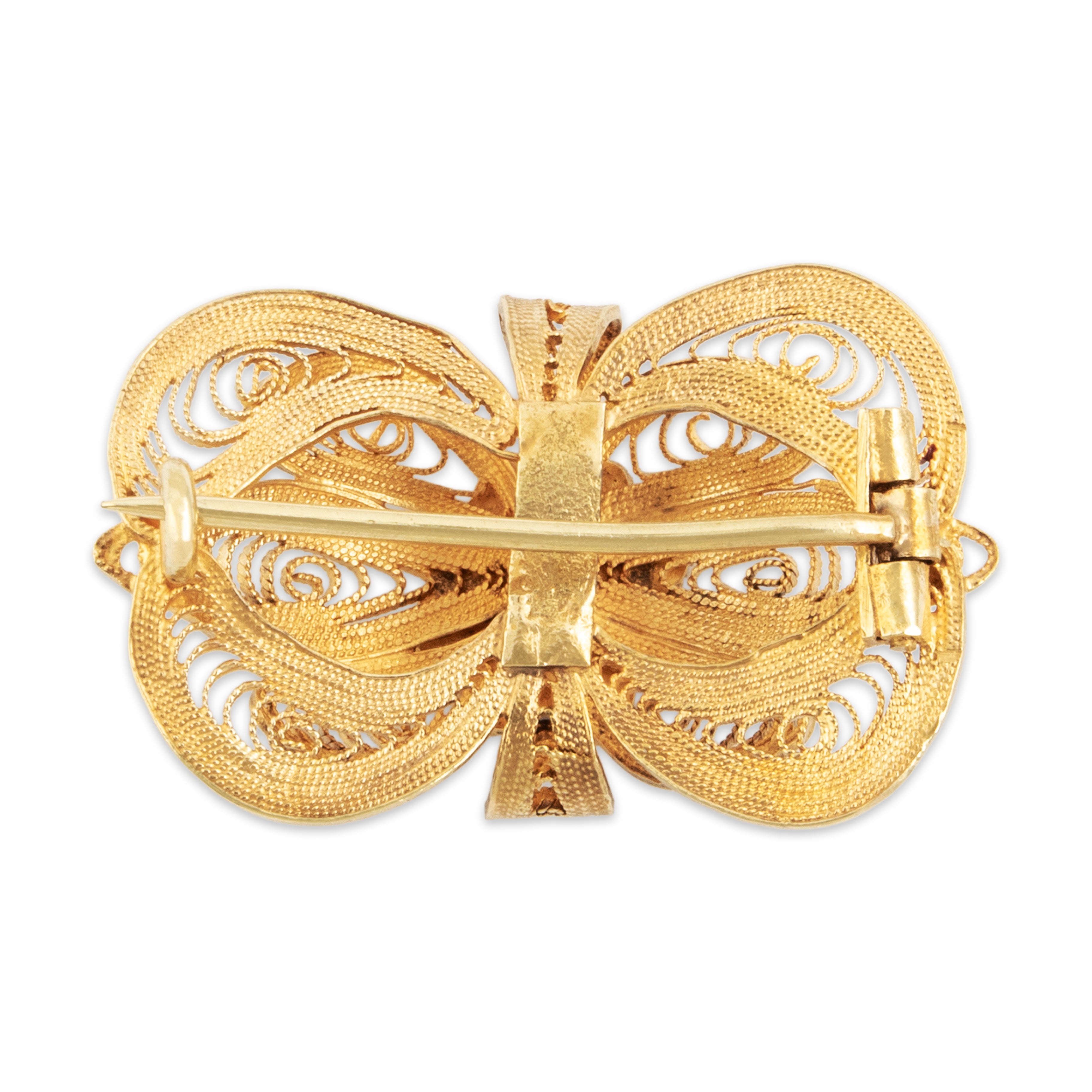Vintage Large 14k Yellow Gold Intricate Cannetille Filigree Bow Brooch / Pin - Back view