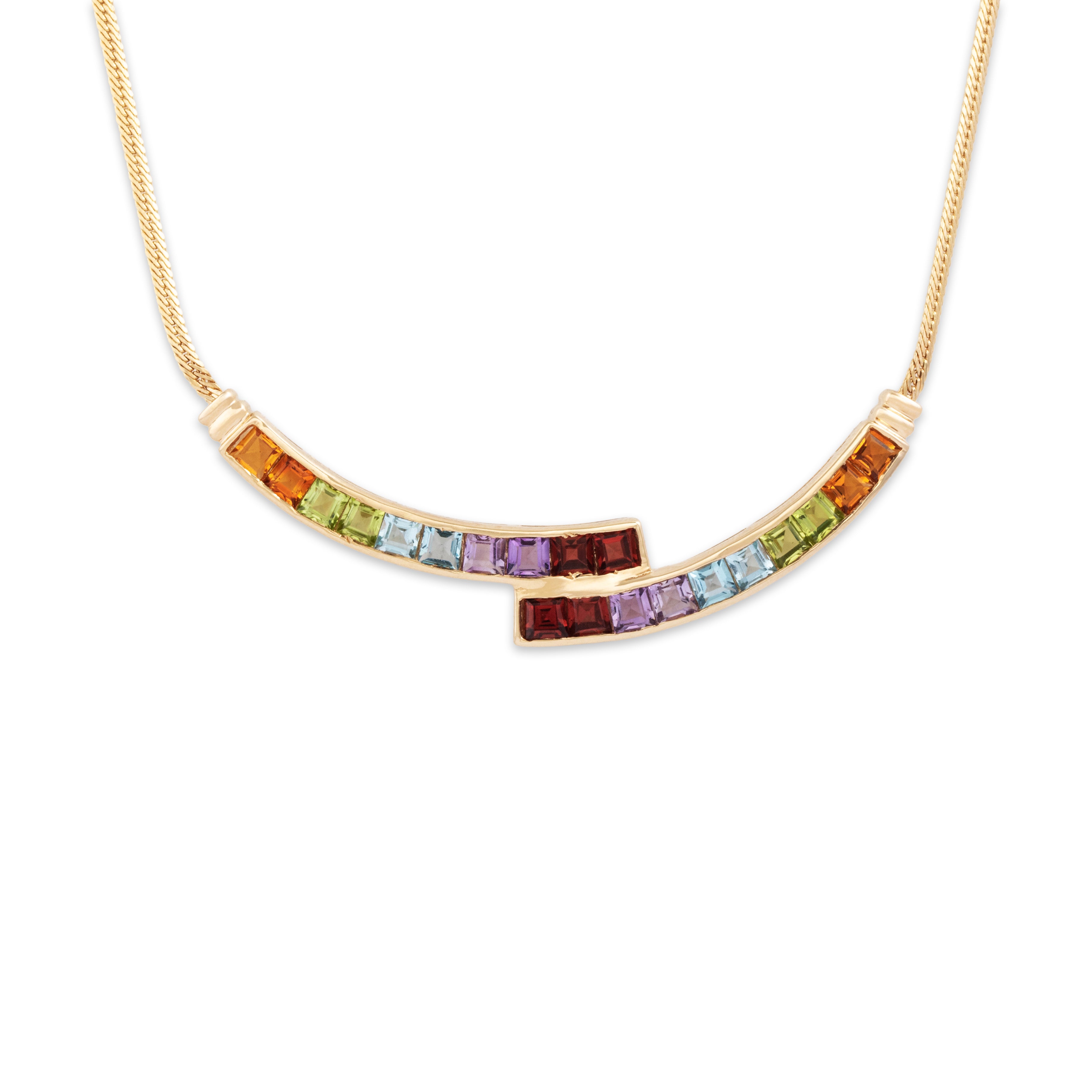 Vintage 14k Yellow Gold Garnet Blue Topaz Peridot Amethyst Rainbow Necklace - detail view #2