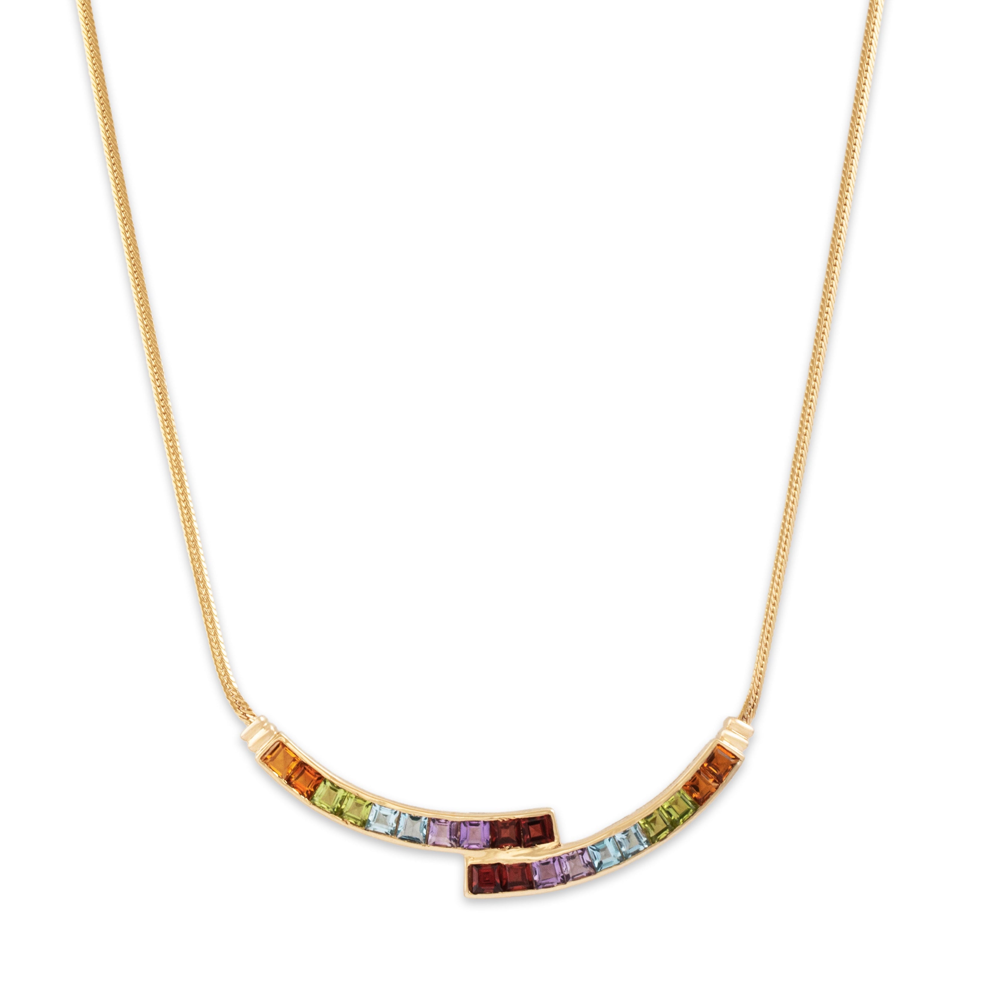 Vintage 14k Yellow Gold Garnet Blue Topaz Peridot Amethyst Rainbow Necklace - Close-up view