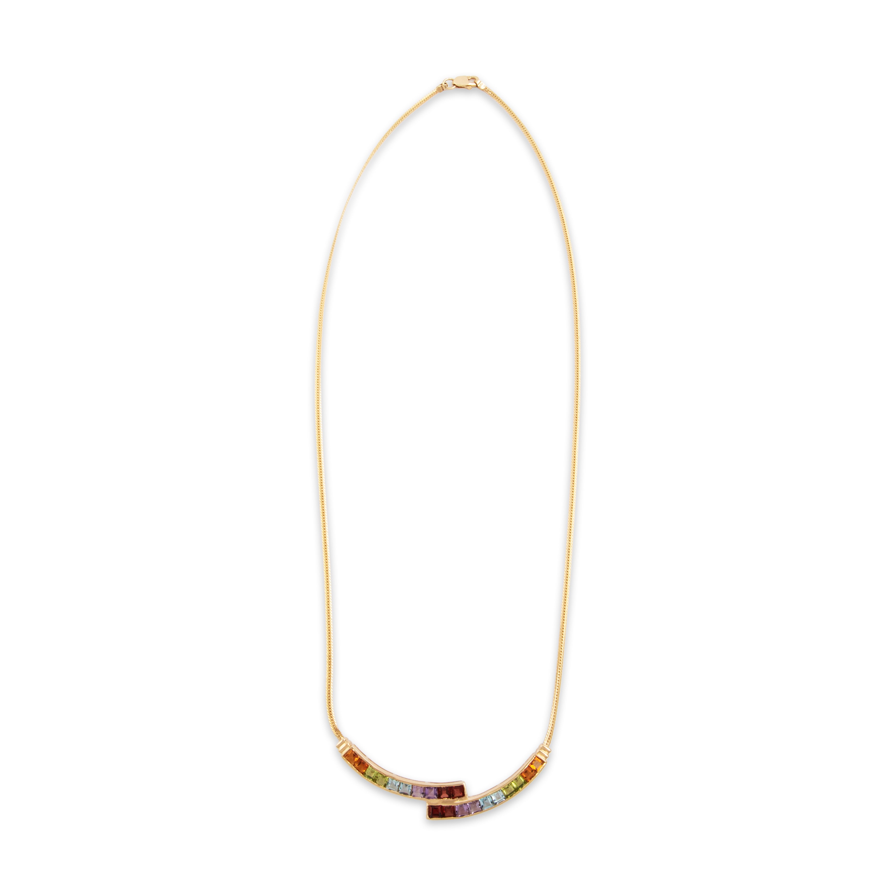 Vintage 14k Yellow Gold Garnet Blue Topaz Peridot Amethyst Rainbow Necklace - Overall view