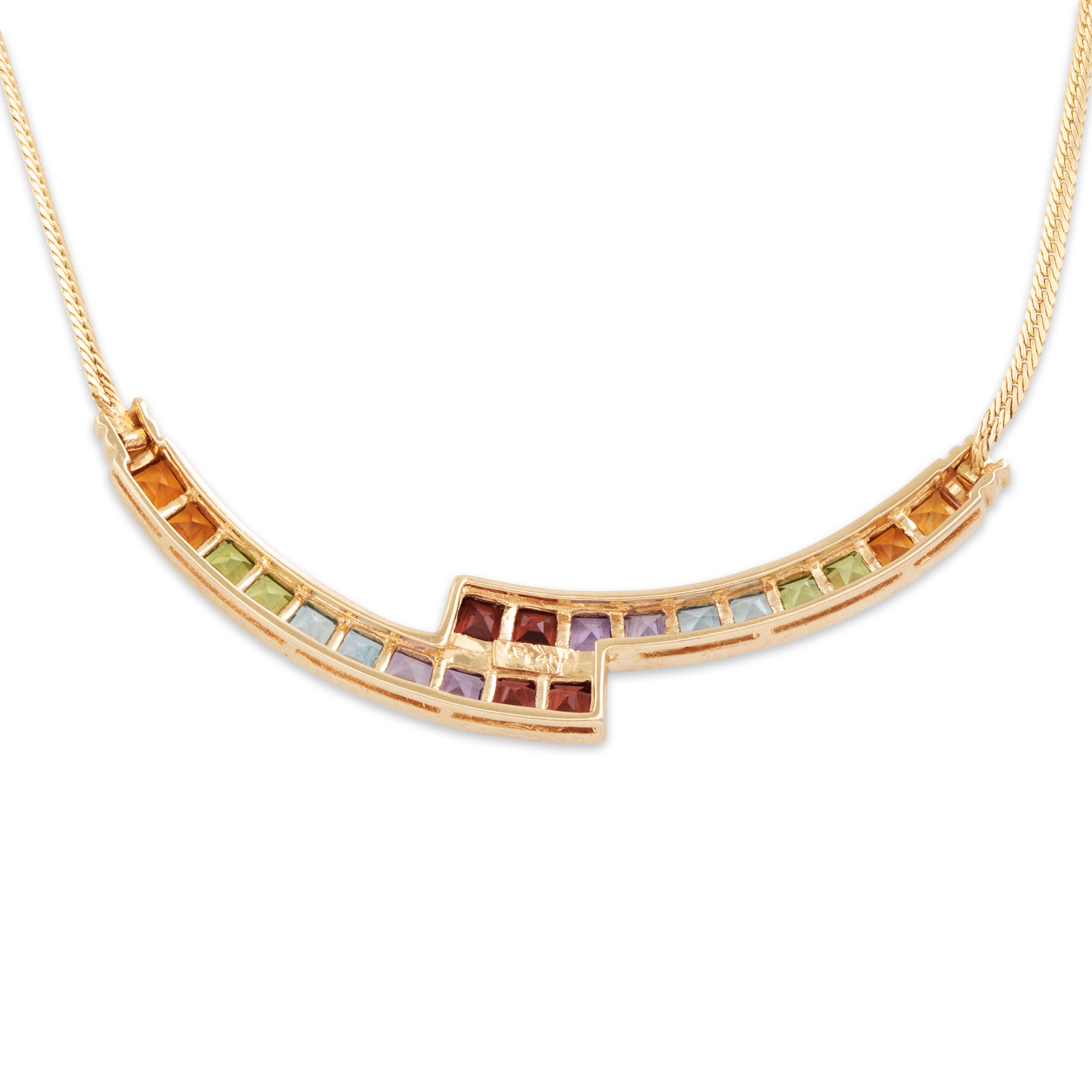 Vintage 14k Yellow Gold Garnet Blue Topaz Peridot Amethyst Rainbow Necklace - Back view