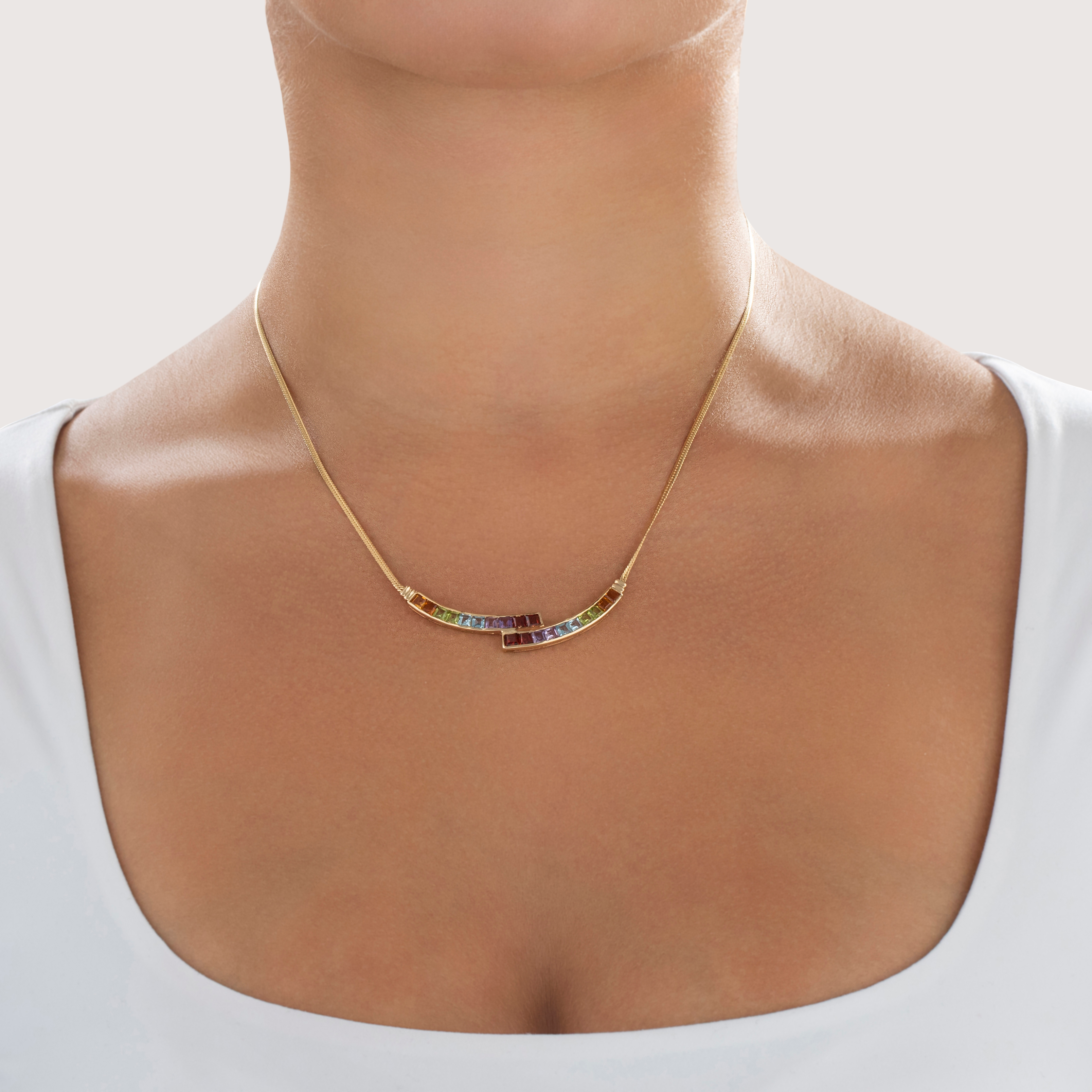 Vintage 14k Yellow Gold Garnet Blue Topaz Peridot Amethyst Rainbow Necklace - On model view