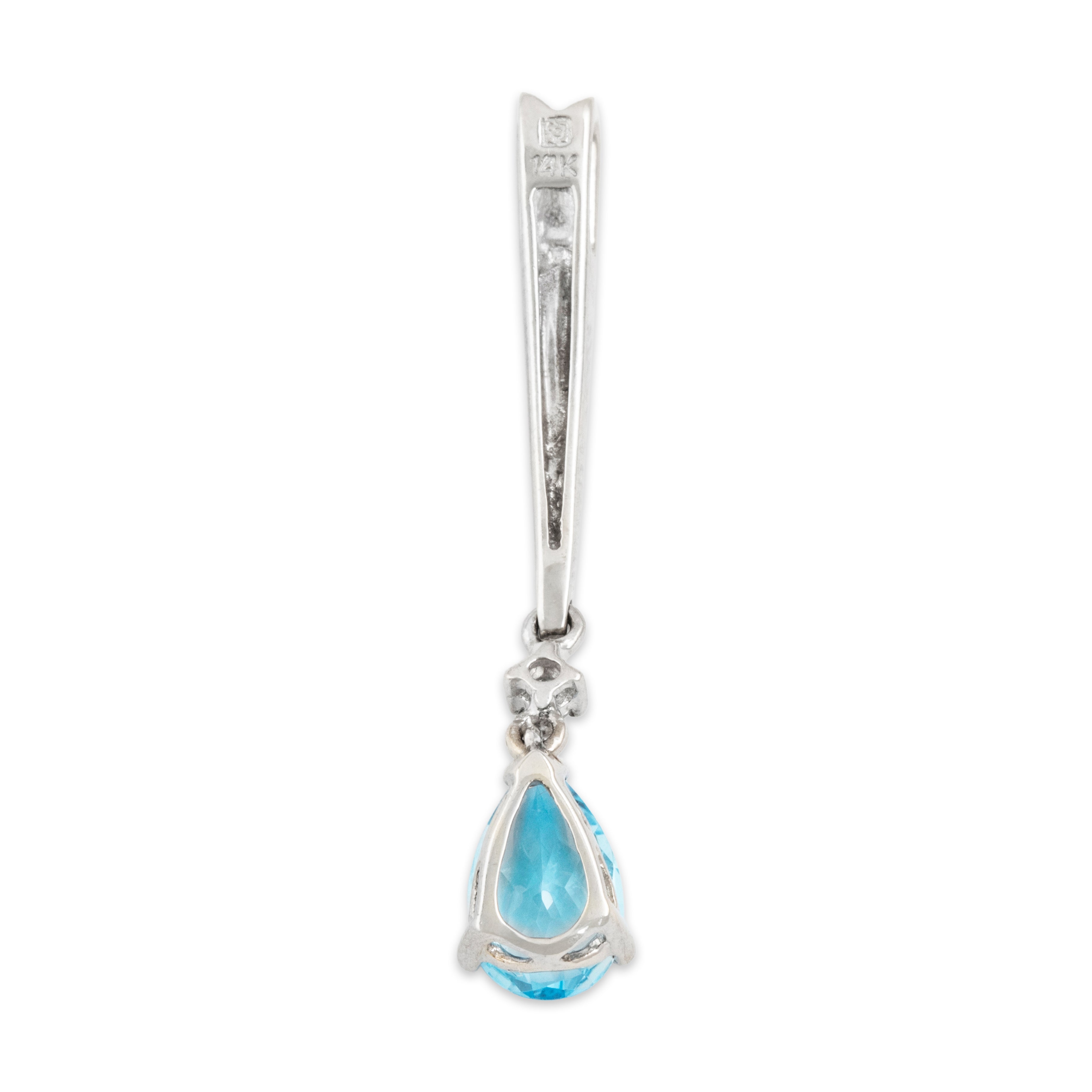 Vintage 14k White Gold Blue Topaz Diamond Lovely Long Teardrop Pendant - Back view