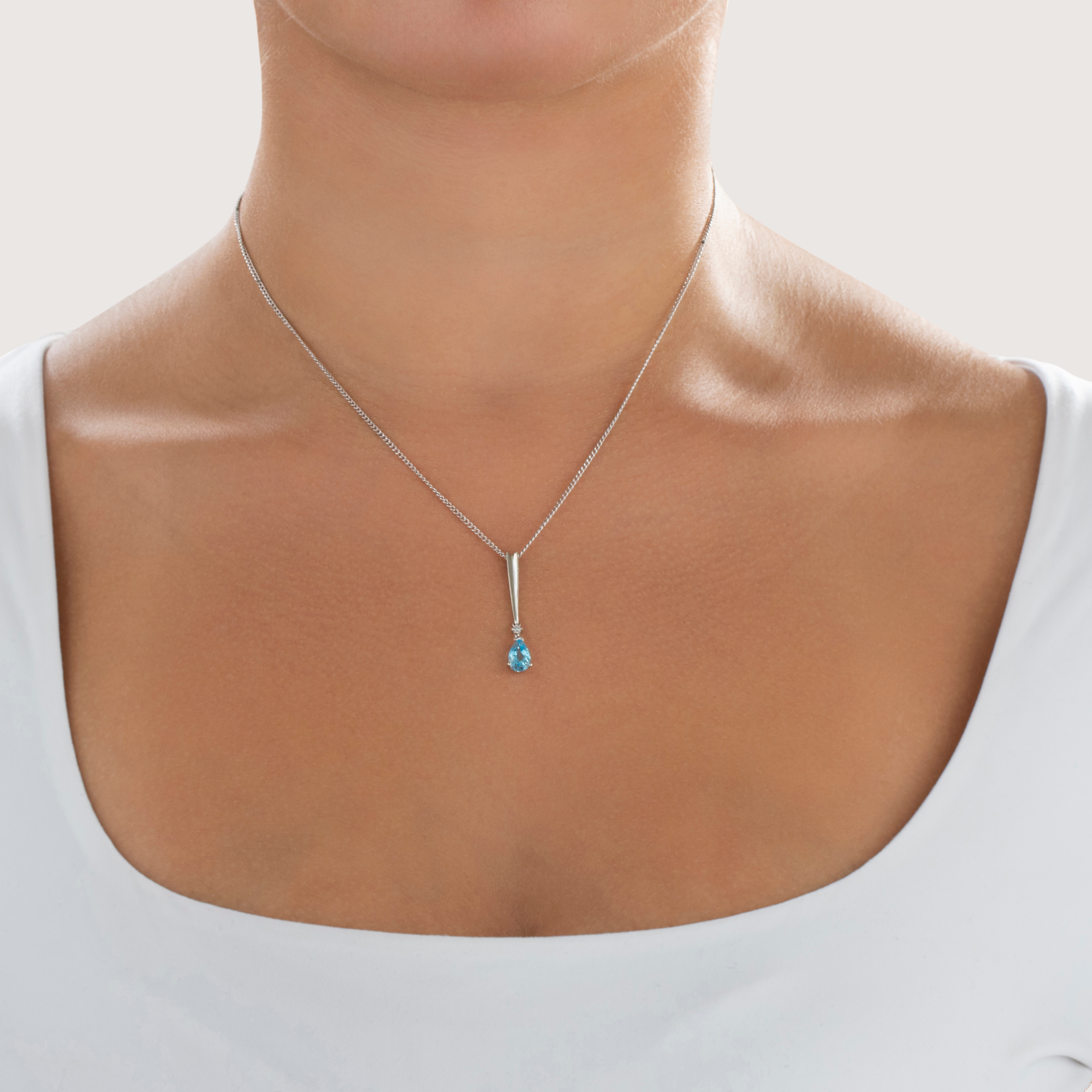 Vintage 14k White Gold Blue Topaz Diamond Lovely Long Teardrop Pendant - On model view