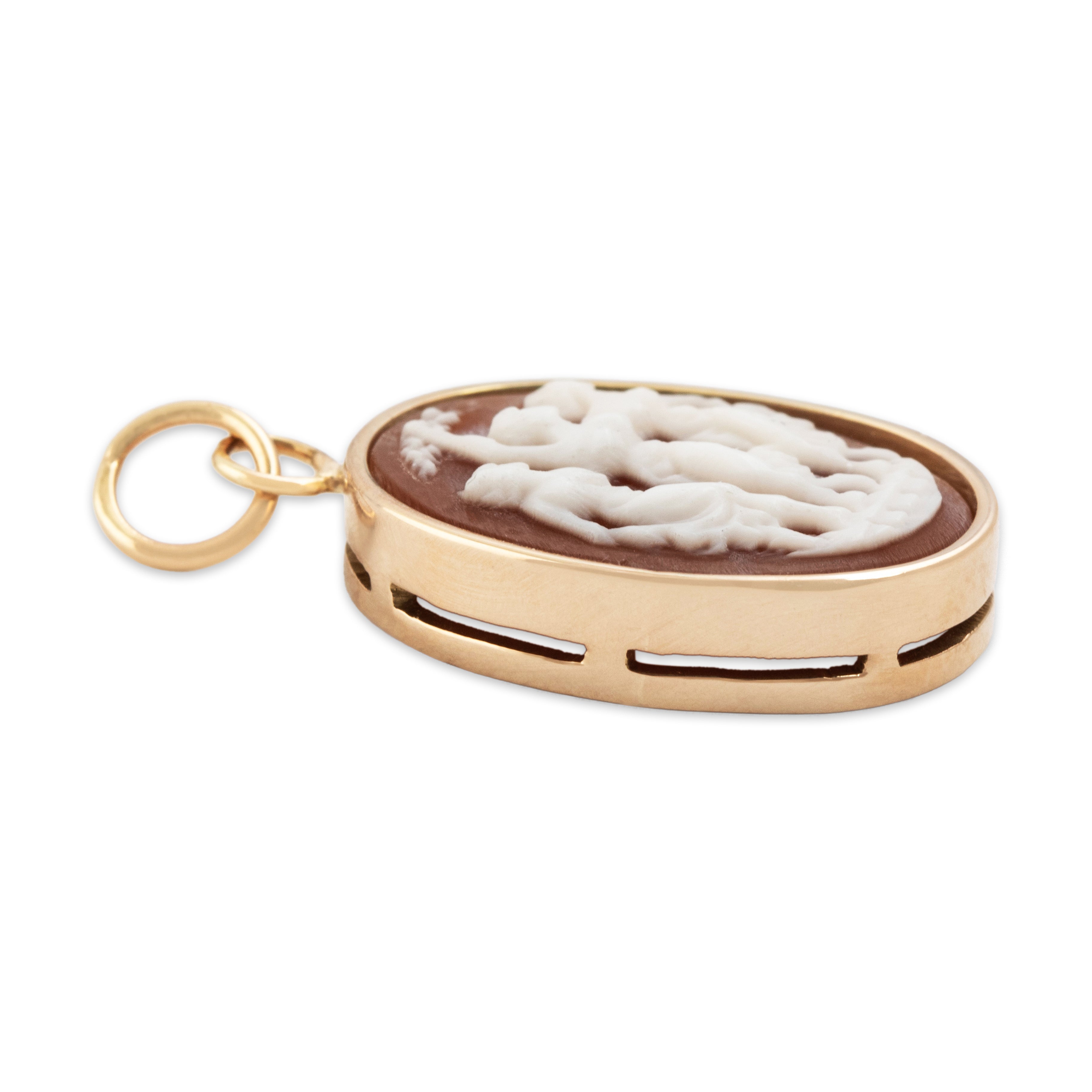 Antique 18k Yellow Gold Shell Pretty Figural Trio Carved Cameo Charm / Pendant - Side view