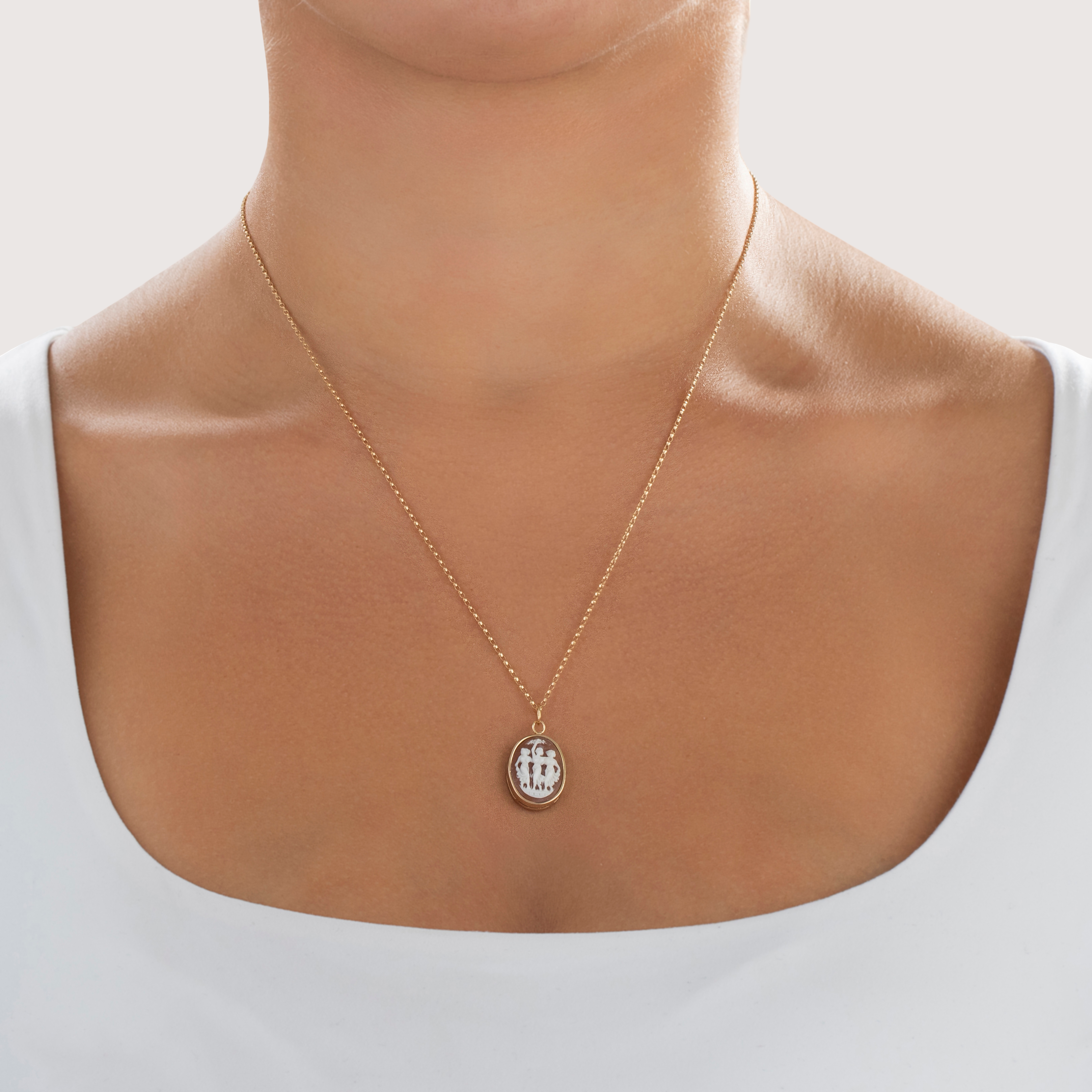 Antique 18k Yellow Gold Shell Pretty Figural Trio Carved Cameo Charm / Pendant - On model view