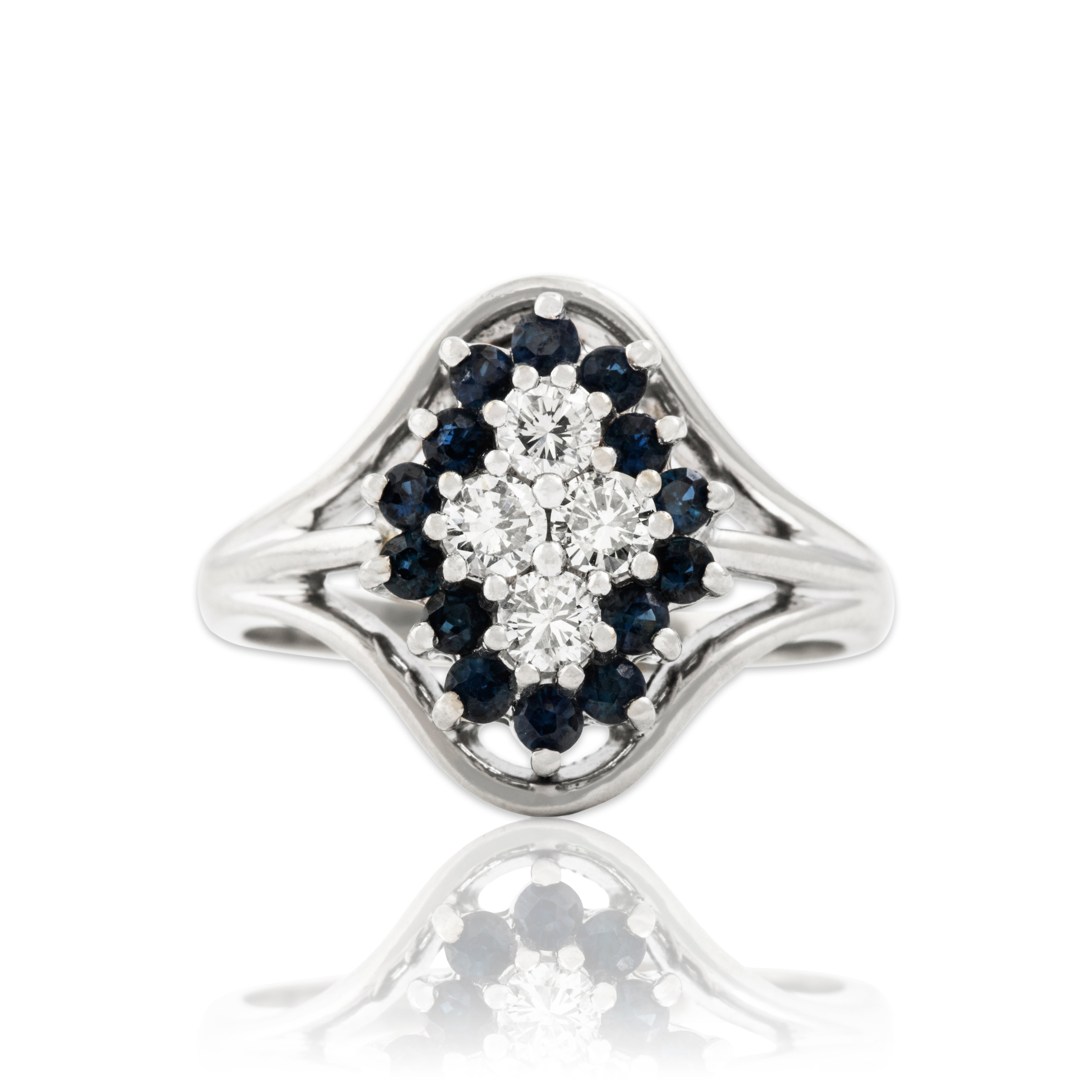 Vintage 14k White Gold .432cttw Diamond Blue Sapphire Sparkling Cluster Ring - Close-up view