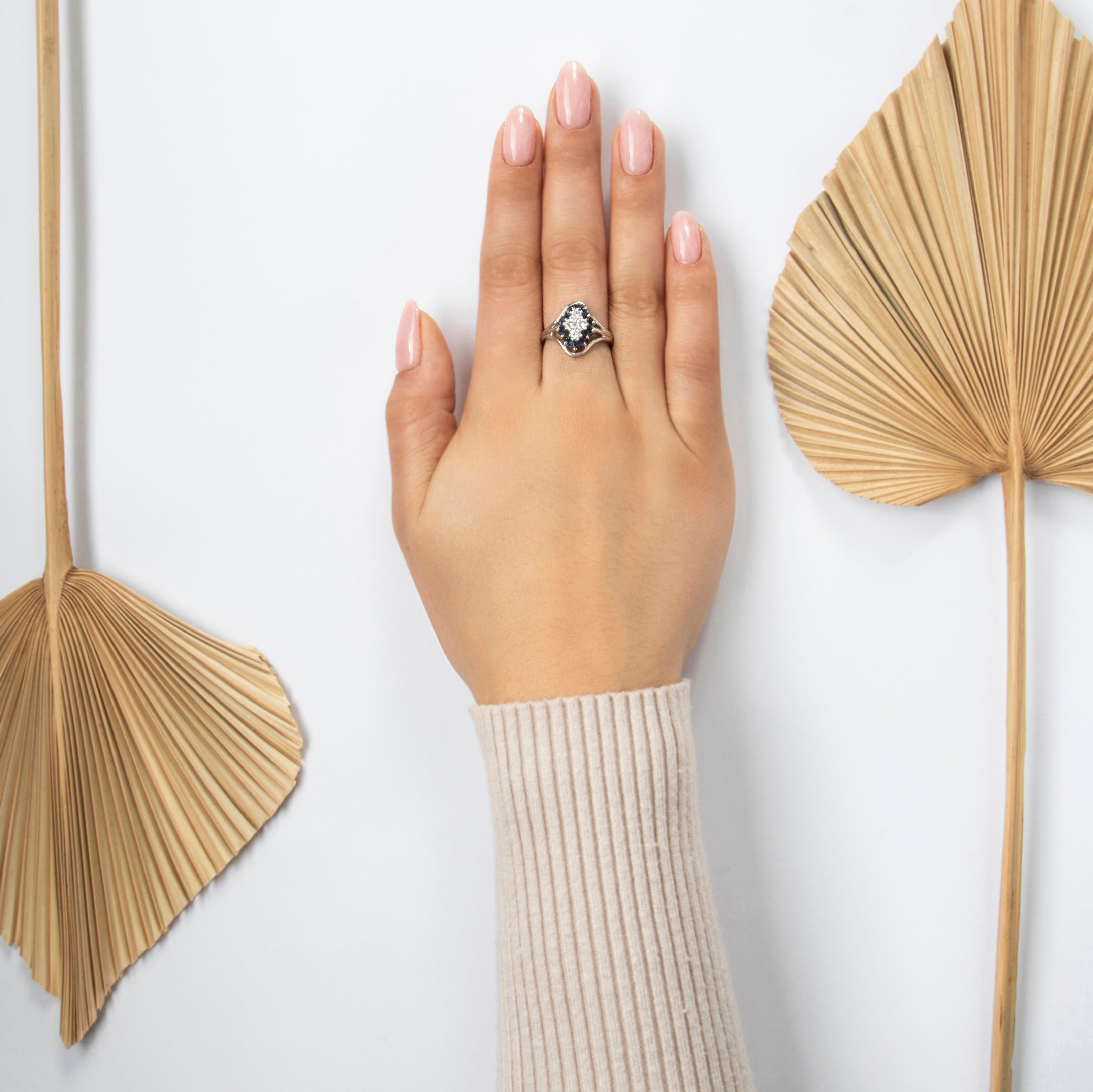 Vintage 14k White Gold .432cttw Diamond Blue Sapphire Sparkling Cluster Ring - On model view